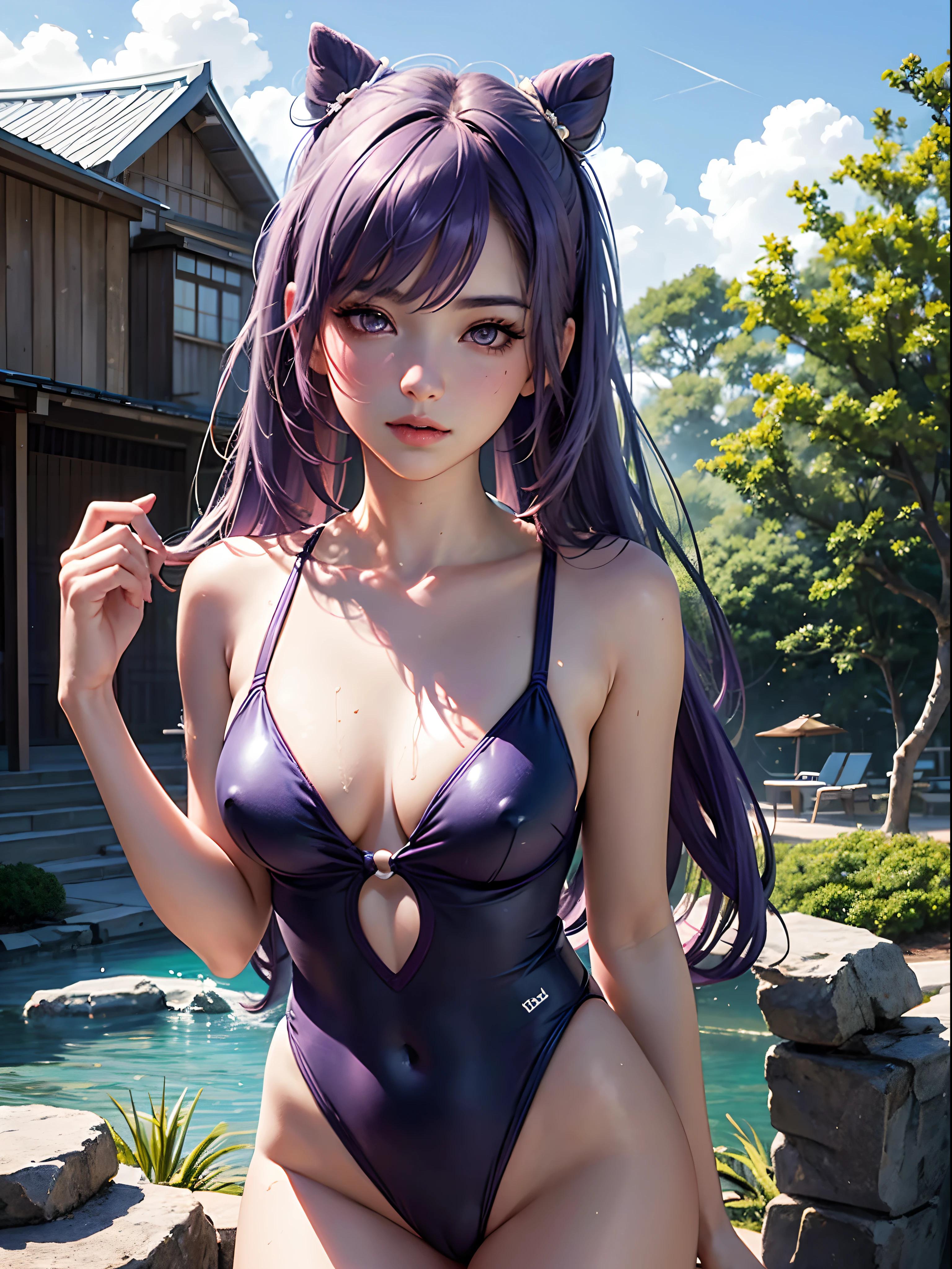 masterpiece, Raiden shogun\(genshin impact\), 1girl, solo, young female, ((((Swimsuit)))), (pool), outdoors, looking at viewer, cloudy sky, perfect composition, detailed lips, beautiful face, body propotion, blush, (pink lips), ((long hair)), purple eyes, soft gaze, sad smile, super realistic, detailed, photoshoot, realistic face and body, realistic hair, realistic eyes, realistic nose, realistic lips, (((purple hair))), 19 years old girl, cameltoe, ((see through))
