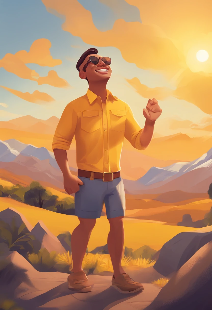 Sunshine Big Boy,big laughter,a two-dimensional style,Yellow skin,sunrise background,The upper part of the body,Frontal photo,mountain peaks