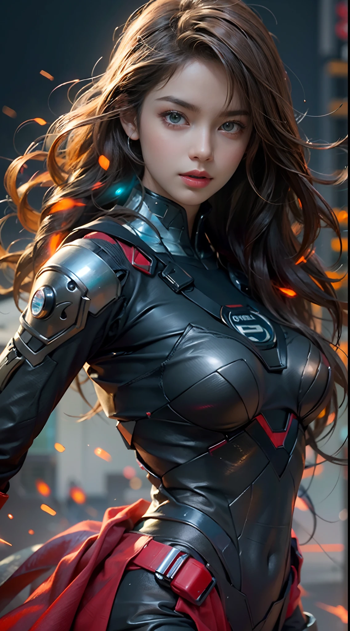 motor irreal:1.4,CG ultra realista 64K, fotorrealista:1.4, textura de la piel:1.4, obra maestra:1.4,Hermosa mujer Usando un disfraz sexy de Supergirl, cabello rubio y rubio, ojos azules, ropa interior Antecedentes detallados, traje de super cyberpunk . caderas anchas,An apocalyptic city of fire, mostrando vientre plano,Minifalda roja, ,hermosas manos finas,