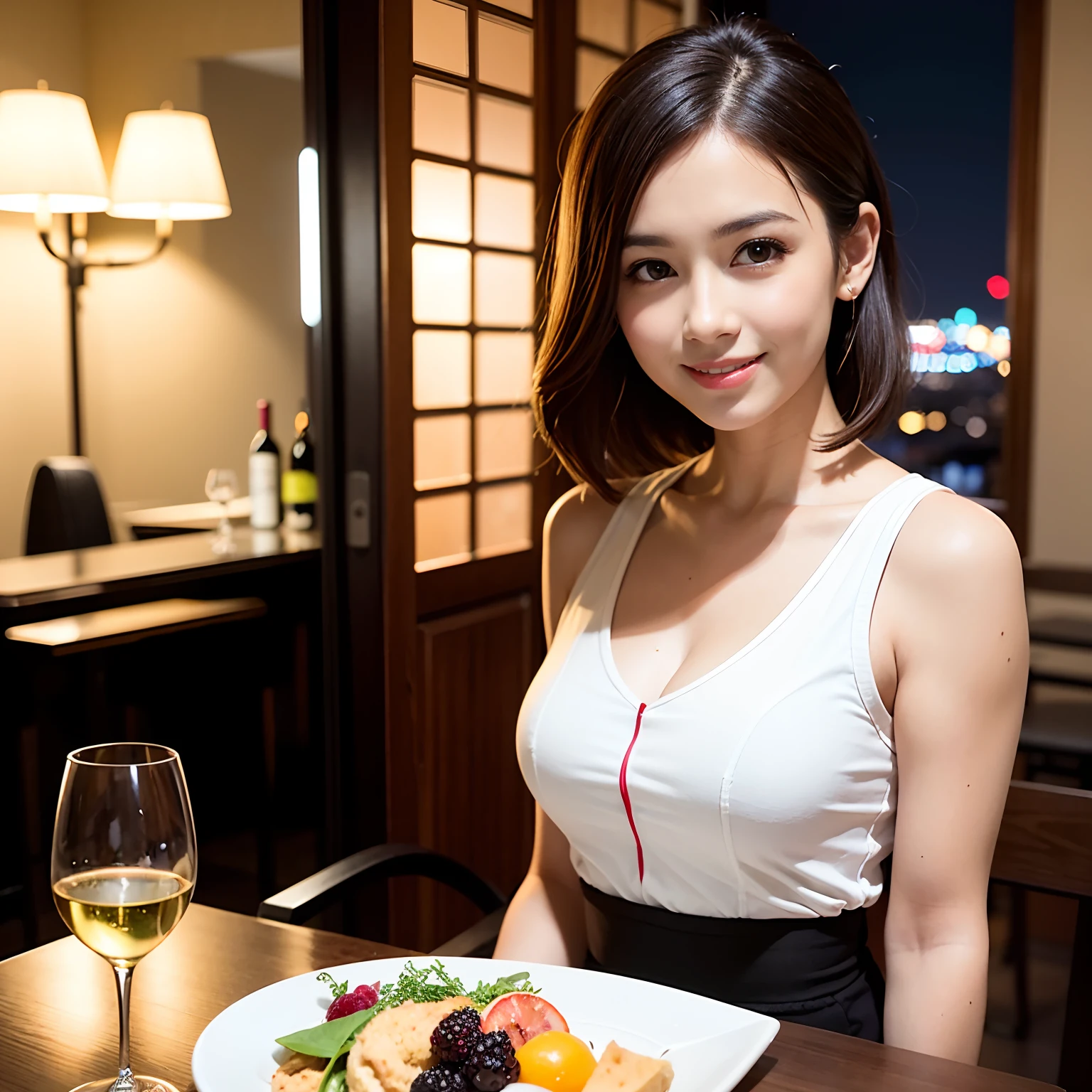 (64K, UHD, top quality, masterpiece: 1.2), (realistic, photorealistic: 1.37), super detailed, pretty woman 1 person, (slim face), (slim body), (brown hair), (short cut), cheeks slightly blushing, (44 years old), 38 years old, solo, beautiful detailed urban night view outside the window, restaurant, wine glasses sit, at night, in a prominent placeNovaFrogStyle, Actress, Model, Waist Up, White Wine, Slim, Wine Glass, Super Clean Night View, Wine Glass Put in the Middle, Happy Smile, (Smile: 1.15), Beautiful Fine Eyes, Upper Body, Bust Japan Up, Night, Short, Short, Actress, Model, Waist Up, White Wine, Slim, Wine Glass, Super Clean Night View, Wine Glass Put in the Middle, Happy Smile,