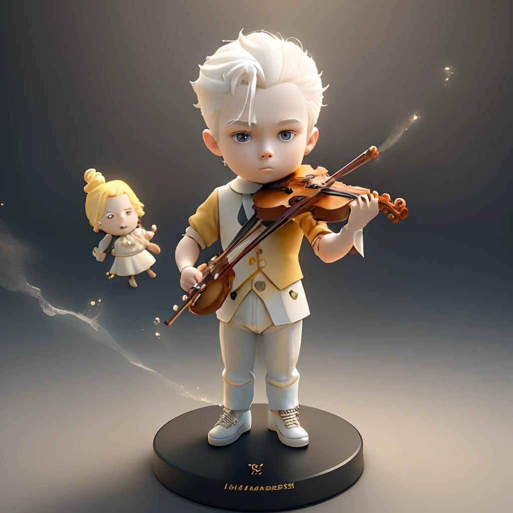 ((masterpiece young man)), exquisite hair, arm depiction, white and yellow hair body, exquisite shoes, eye depiction, exquisite hair, popmart blind box, holding a violin, clay texture, stepping on the land, black and white background, natural lighting, most good quality, super detail, 3D art, c4d, OC renderer, 3D rendering, 8k