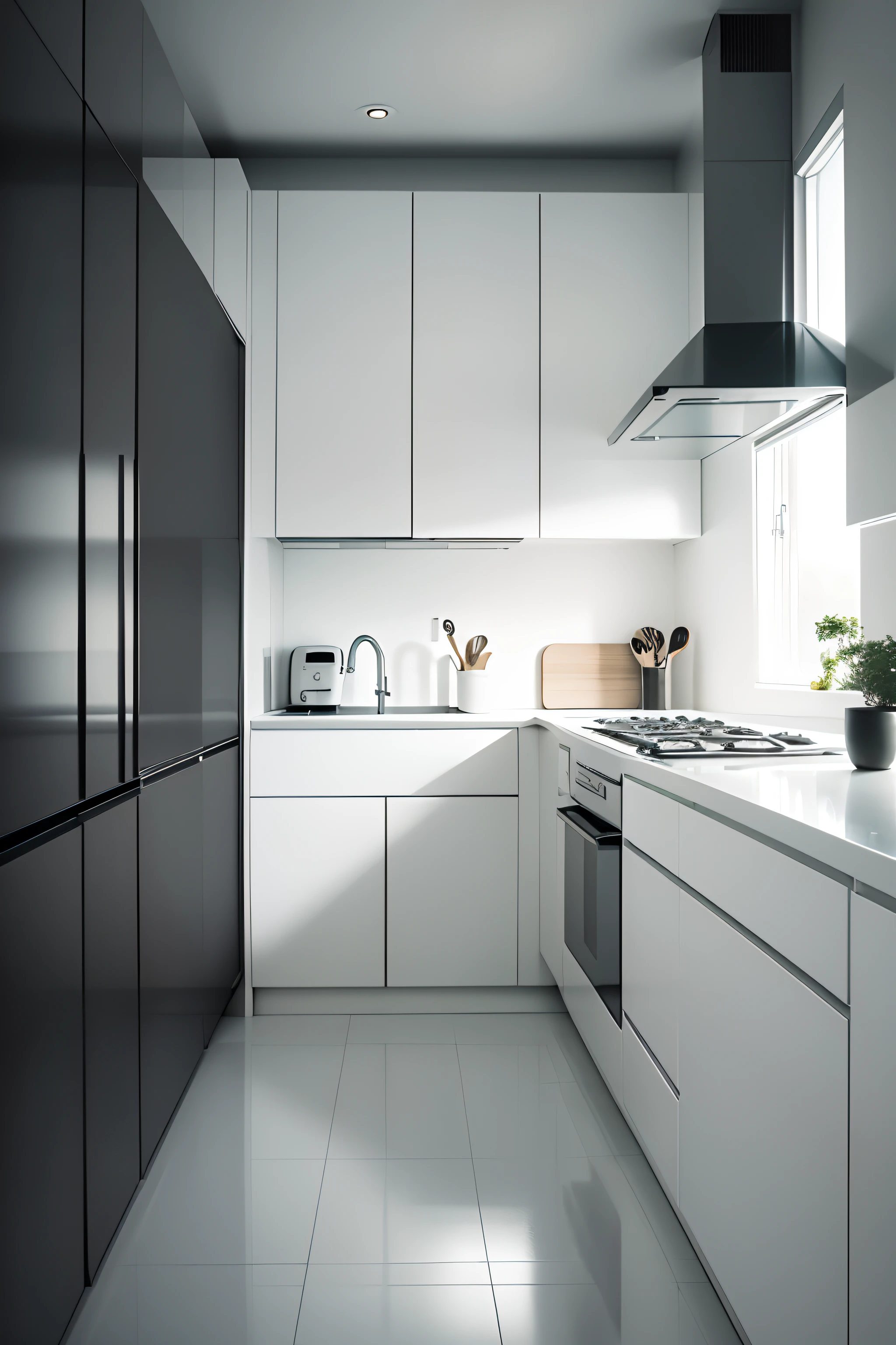 There is a kitchen with a fridge, stove, Sink and oven, neotraditional modern minimalist, simple clean lines, popular interior design style, modernsimplicity, minimal kitchen, Elegant and clean design, white kitchen table, Lacquer, s clean lines, modern interior design, Modern design, White color scheme, Modern minimalist, modern minimalist f 2 0 clean, Exceptional