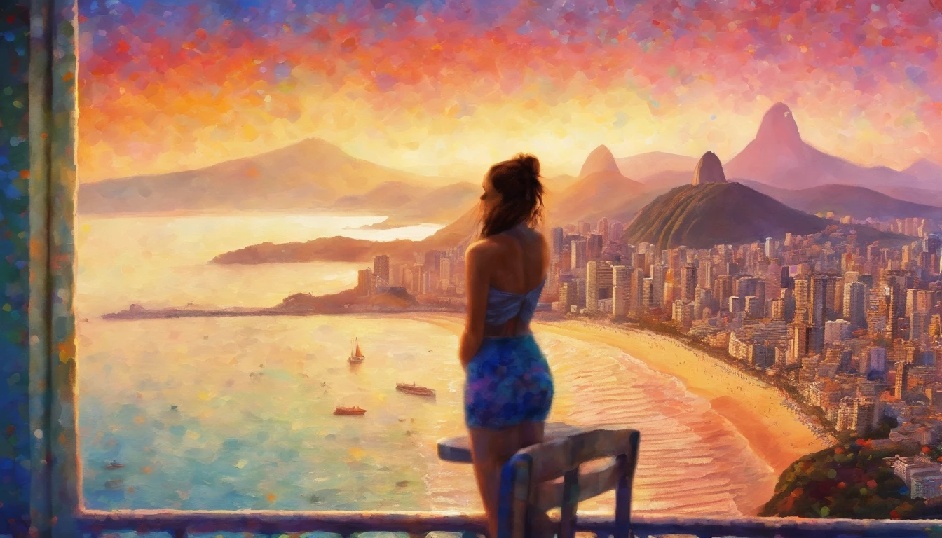 (best quality,masterpiece:1.2), Soft focus, Bright gradient watercolor, Dreamy, White background, Girl, Cafes, Copacabana Beach, Sugar Loaf, Corcovado.