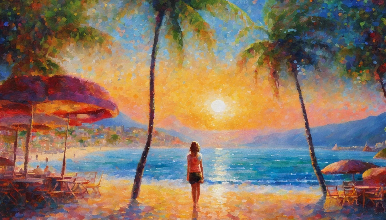 A girl in a red bikini is walking on the beach holding hands and holding a frisbee, cena em chamas ao fundo, Escuro. Sem texto, A cena mais bonita, quadro de filme ainda, rotoscopia, com um filtro assustador aplicado, 2D, 2 d, fires glow lonely, filme ainda quadro, nesta cena sinistra, em uma praia, Tumblr, .gif, filme muito realista ainda