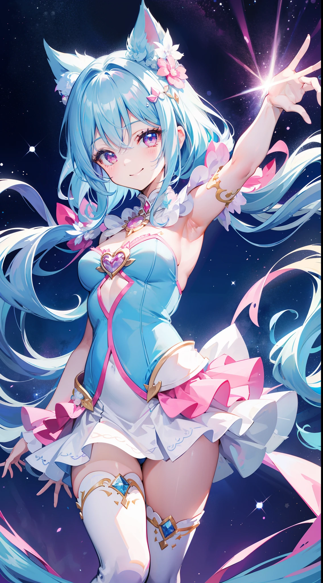 Super Idol a beauty girl A charming smile sky blue hair length hair Twin-tailed Bright pink and white leotard outfit Mystical Fantasia constellation a moon Crystal Brilliance Aurora Borealis in the Night Sky