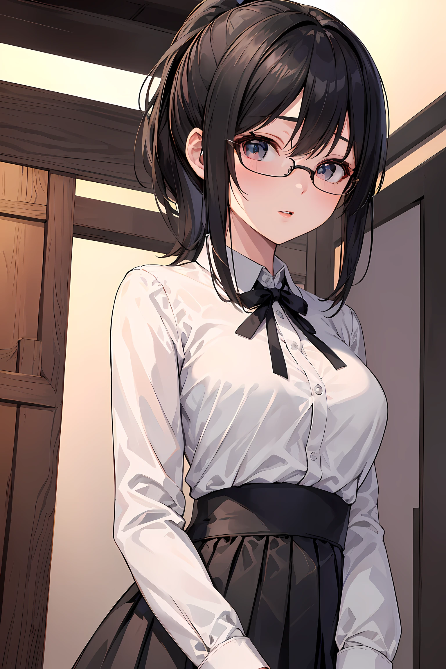 (1glasses girl:1.3, solo), (Audrey Hepburn:1.3), (a extremely pretty and beautiful Japanese woman), (sexy girl), (professional attire:1.3), (22 years old: 1.1), (from below:1.3), (low angle:1.3), (ground level shot:1.3), (girl on top:1.3), (arms behind back between legs:1.3), (attractive random posing:1.3), (in the queen's room:1.3), (starring at you:1.3), (front view:1.3), break, (ponytail:1.3), (shiny-black thin hair:1.2), bangs, dark brown eyes, beautiful eyes, princess eyes, (big eyes:1.3), bangs, wearing a glasses:1.3, Hair between eyes, short hair:1.3, (slender:1.1), (small-medium-breasts:0.95), (thin waist: 1.15), (detailed beautiful girl: 1.4), Parted lips, Red lips, full-make-up face, (shiny skin), ((Perfect Female Body)), (Upper Body Image:1.3), Perfect Anatomy, Perfect Proportions, (most beautiful Korean actress face:1.3, extremely cute and beautiful Japanese actress face:1.3), BREAK, (View viewer, wearing a school girl uniform, (insanely detailed collared shirt:1.3, long-sleeve:1.3), (black ribbon:1.3), (black high-waist-jumper-skirt:1.3, Salopette skirt:1.3), detailed clothes, BREAK, (detailed classy queen's room background:1.2), (dark background), (Studio soft lighting: 1.3), (fake lights: 1.3), (backlight: 1.3), BREAK, (Realistic, Photorealistic: 1.37), (Masterpiece, Best Quality: 1.2), (Ultra High Resolution: 1.2), (RAW Photo: 1.2), (Sharp Focus: 1.3), (Face Focus: 1.2), (Ultra Detailed CG Unified 8k Wallpaper: 1.2), (Beautiful Skin: 1.2), (pale Skin: 1.3), (Hyper Sharp Focus: 1.5), (Ultra Sharp Focus: 1.5), (Beautiful pretty face: 1.3), (super detailed background, detail background: 1.3), Ultra Realistic Photo, Hyper Sharp Image, Hyper Detail Image,