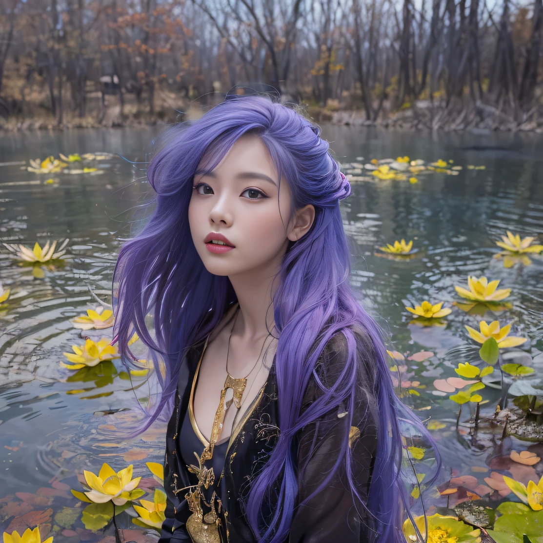 Genki Girl 32K（tmasterpiece，k hd，hyper HD，32K）Long flowing bright purple hair，Autumn Pond，zydink， a color， Proud of the Continent （The astronaut）， （Black and gold scarf）， Combat posture， looking at the ground， long whitr hair， Floating bright purple， Fire cloud pattern gold tiara， Chinese long-sleeved gold silk garment， （Abstract metaverse splash：1.2）， white backgrounid，Lotus vitality protector（realisticlying：1.4），Bright purple hair，Smoke on the road，The background is pure， A high resolution， the detail， RAW photogr， Sharp Re， Nikon D850 Film Stock Photo by Jefferies Lee 4 Kodak Portra 400 Camera F1.6 shots, Rich colors, ultra-realistic vivid textures, Dramatic lighting, Unreal Engine Art Station Trend, cinestir 800，A girl with long flowing bright purple hair