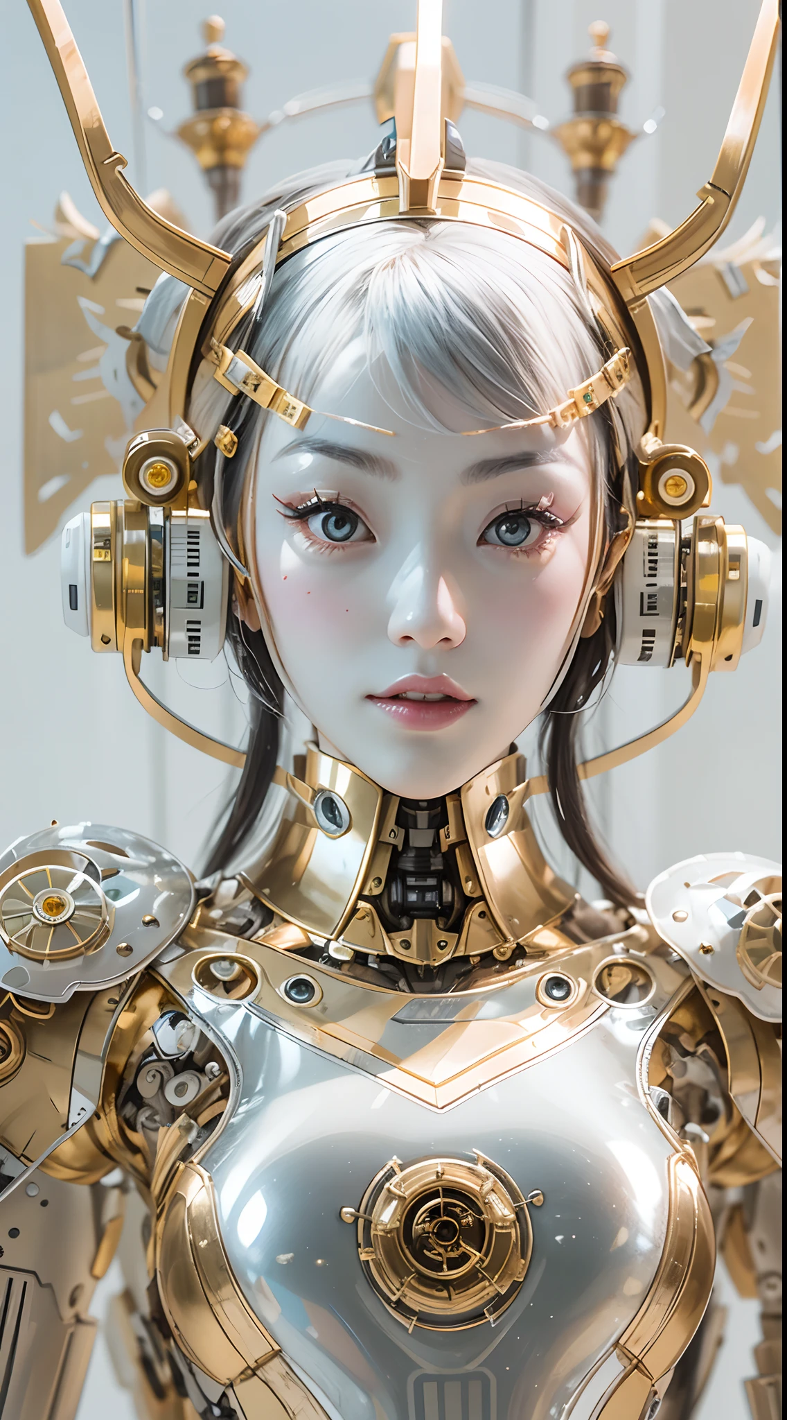photorealistic, a woman in a white (lace, gold cyborg suit:1.55) (sitting on top of a table:1.4) (turned towards the viewer:1.2), (crossed legs:1.4), gold long hair, cyborg, robotic parts, beautiful detailed body and face, (looking left side:1.3), sakimichan hdri, amouranth, a beautiful detailed orixa, 2049, chiaki nanami, afro futuristic, made in maya, sam yang, 2070, cyborg, robotic parts, 150 mm, beautiful studio soft light, rim light, vibrant details, luxurious cyberpunk, lace, hyperrealistic, anatomical, facial muscles, cable electric wires, microchip, elegant, beautiful background, octane render, 8k, best quality, masterpiece, illustration, an extremely delicate and beautiful, extremely detailed ,CG ,unity ,wallpaper, (realistic, photo-realistic:1.37), Amazing, finely detail, masterpiece, best quality, official art, extremely detailed CG unity 8k wallpaper, absurdres, incredibly absurdres, robot, silver halmet, full body, sitting, (sfw:1.2),
