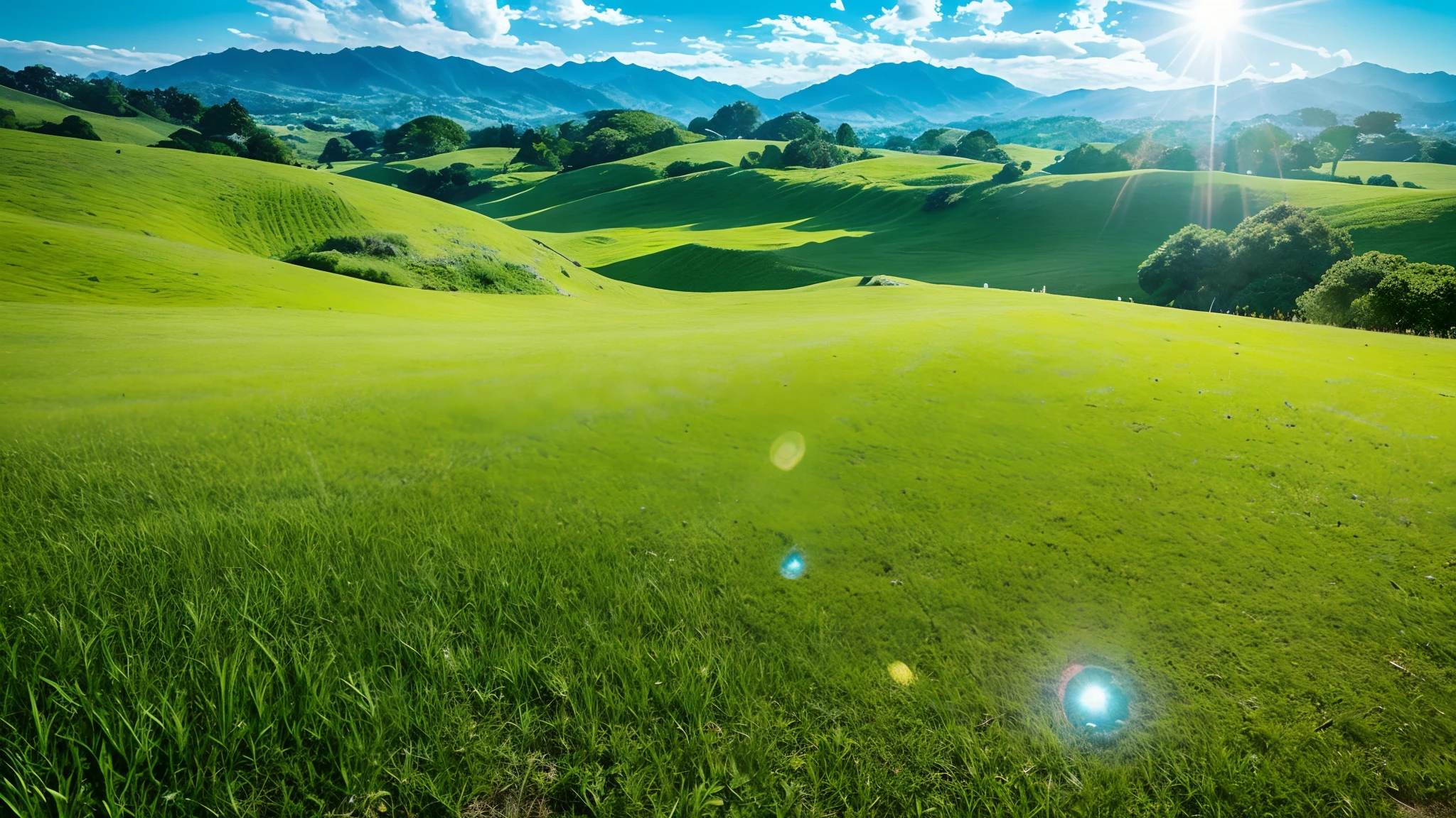 a view of a green rolling hills with a blue sky, countryside in japan, blue sky and green grassland, rolling green hills, japanese countryside, lush countryside, scenic view, detailed scenery, lovely valley, beautiful scenic view, lush scenic landscape, very beautiful scenery, rolling hills, rolling foothills, distant valley, chiba prefecture, sony a7, film gain, Cinematic lighting, Photorealistic, one-point perspective, 32K, diffuse reflection, colorful shiny particles, Lens Flare, sharp reflection light