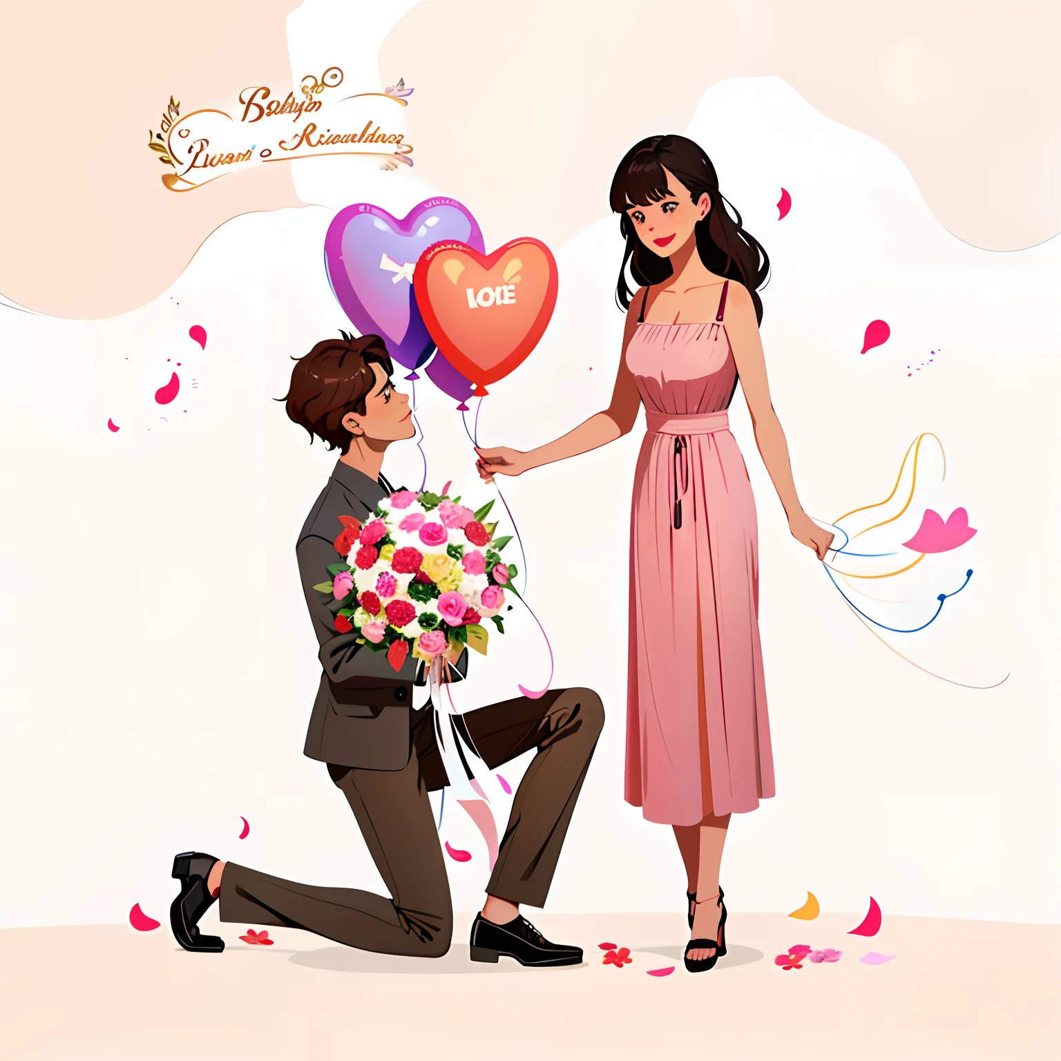 There was a man kneeling with a bunch of balloons, A man proposes to his girlfriend, romantic couple, man and woman in love, cute couple, They are in love, Romantic, concept art of love, A beautiful artwork illustration, true love, holding balloons, Cartoon style illustration, Romantic!!!, Holding flowers, high quality illustration, Happy couple, rendering