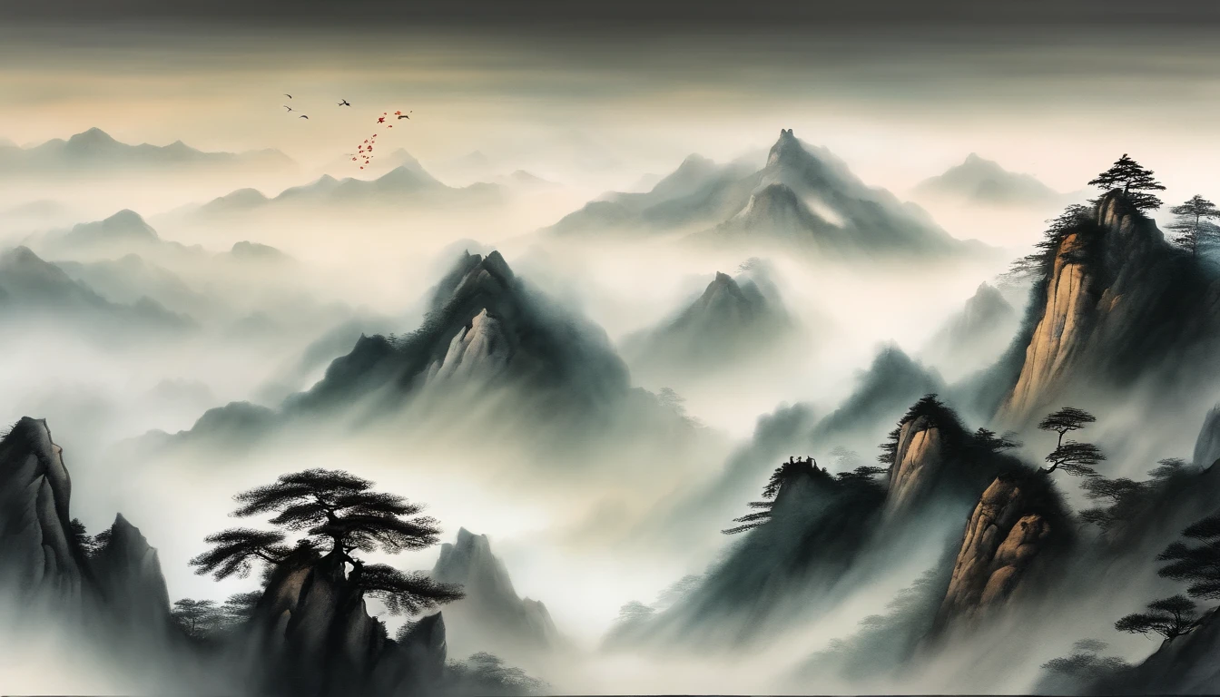 Mountains,hilltop,Cloud fog,2-dimensional,ink wash style,chinese paintings,mountain peaks,