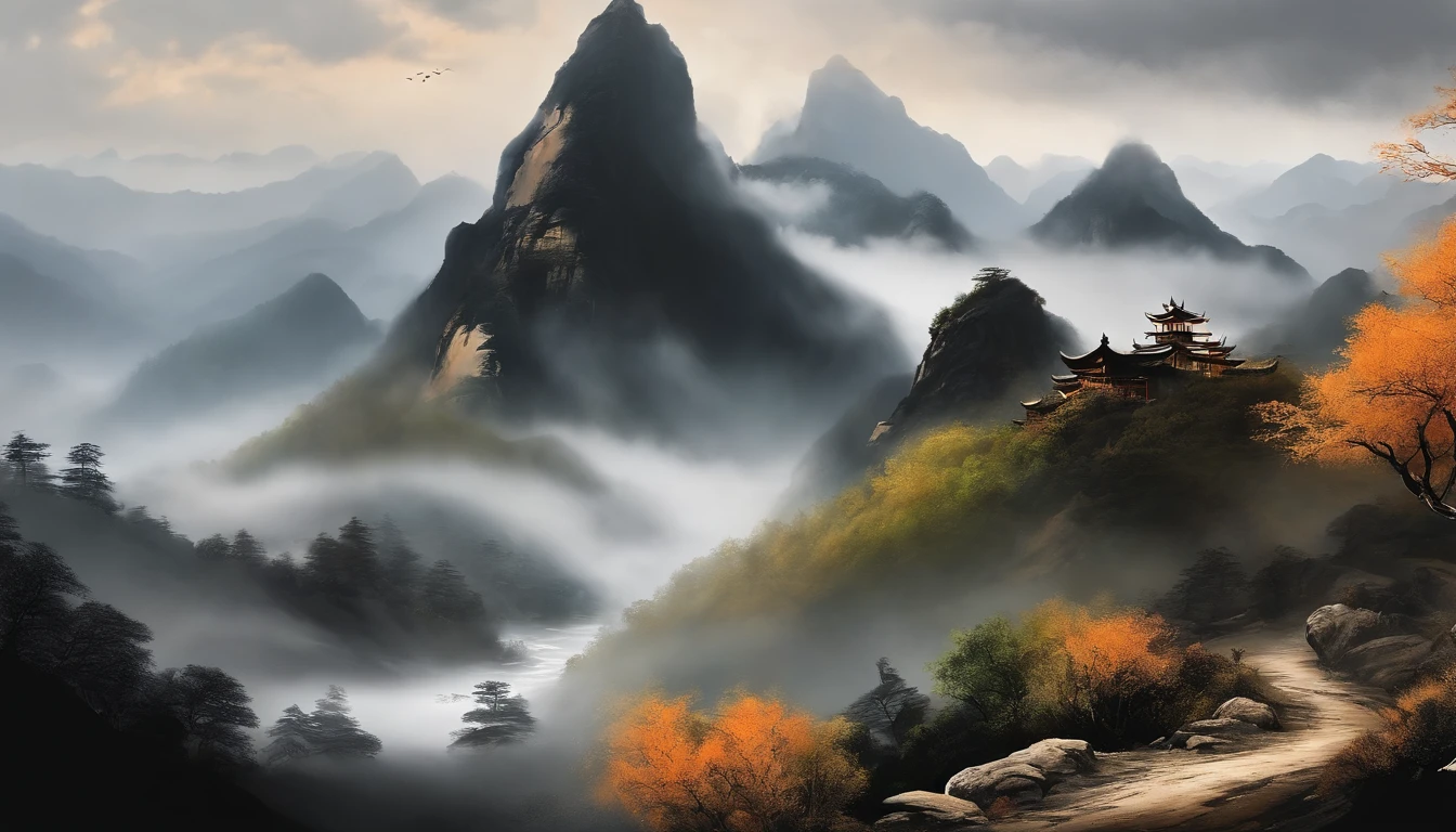 Mountains,hilltop,Cloud fog,2-dimensional,ink wash style,chinese paintings,mountain peaks,