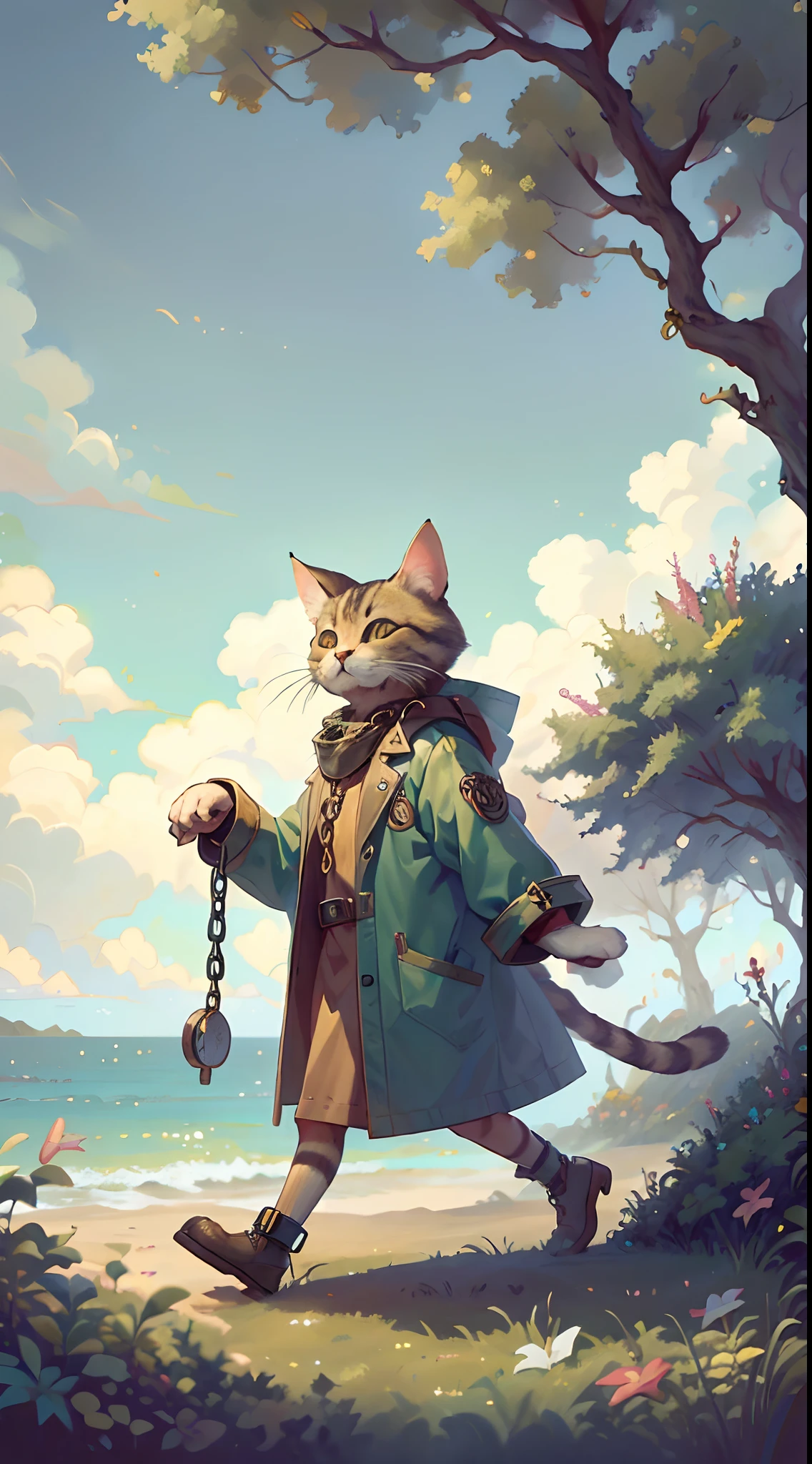 Close to the seashore, Oak green, Gold Chain on Oak Tom, And during the day, and at night, The cat scientist continues to walk on the chain...