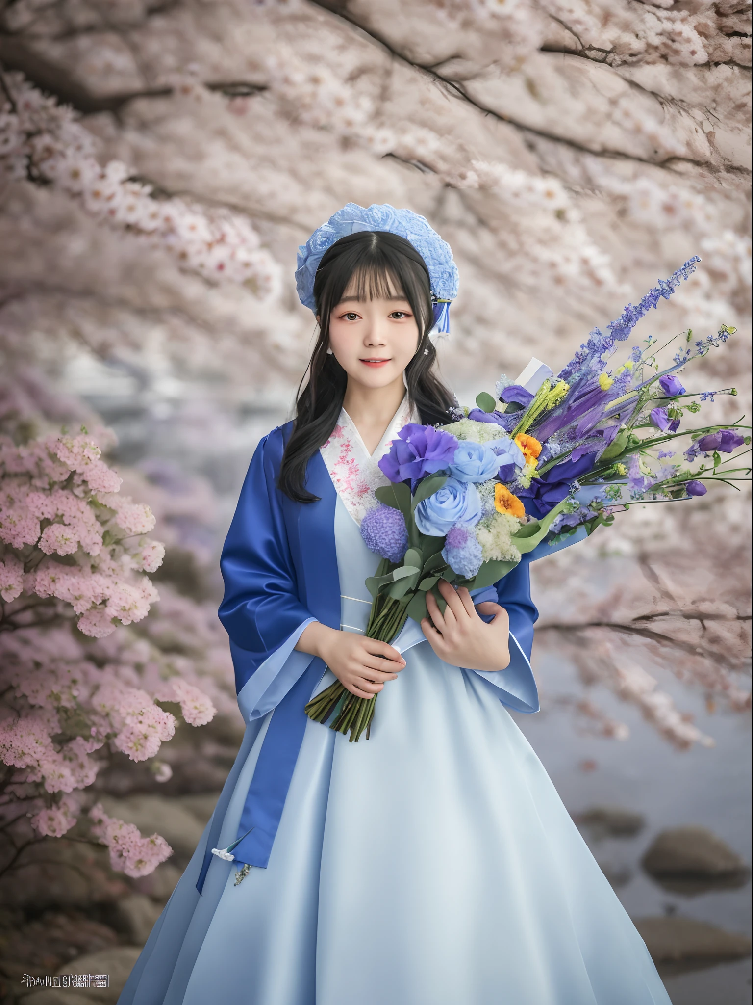 An Aalfid woman in a graduation dress holds a bouquet of flowers, wearing an academic gown, wenfei ye, jinyiwei, graduation photo, Li Zixin, Student, xintong chen, wenjun lin, Zhang Pengzhen, Zhang Wanting, Wu Liu, In the blue robe, Lu Ji, xue han, mingchen shen, Wang Qichao