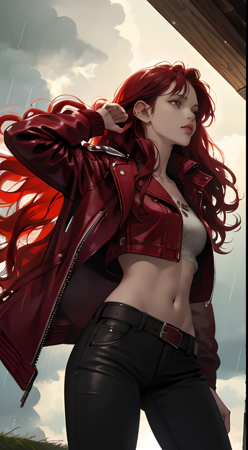 a cool,20th generation female,Long red wavy hair,Wearing a long red leather coat,Leather Tight Pants,a belt,Navel Ejection,Tank tops,glareing,With keen eyes,realistic illustration