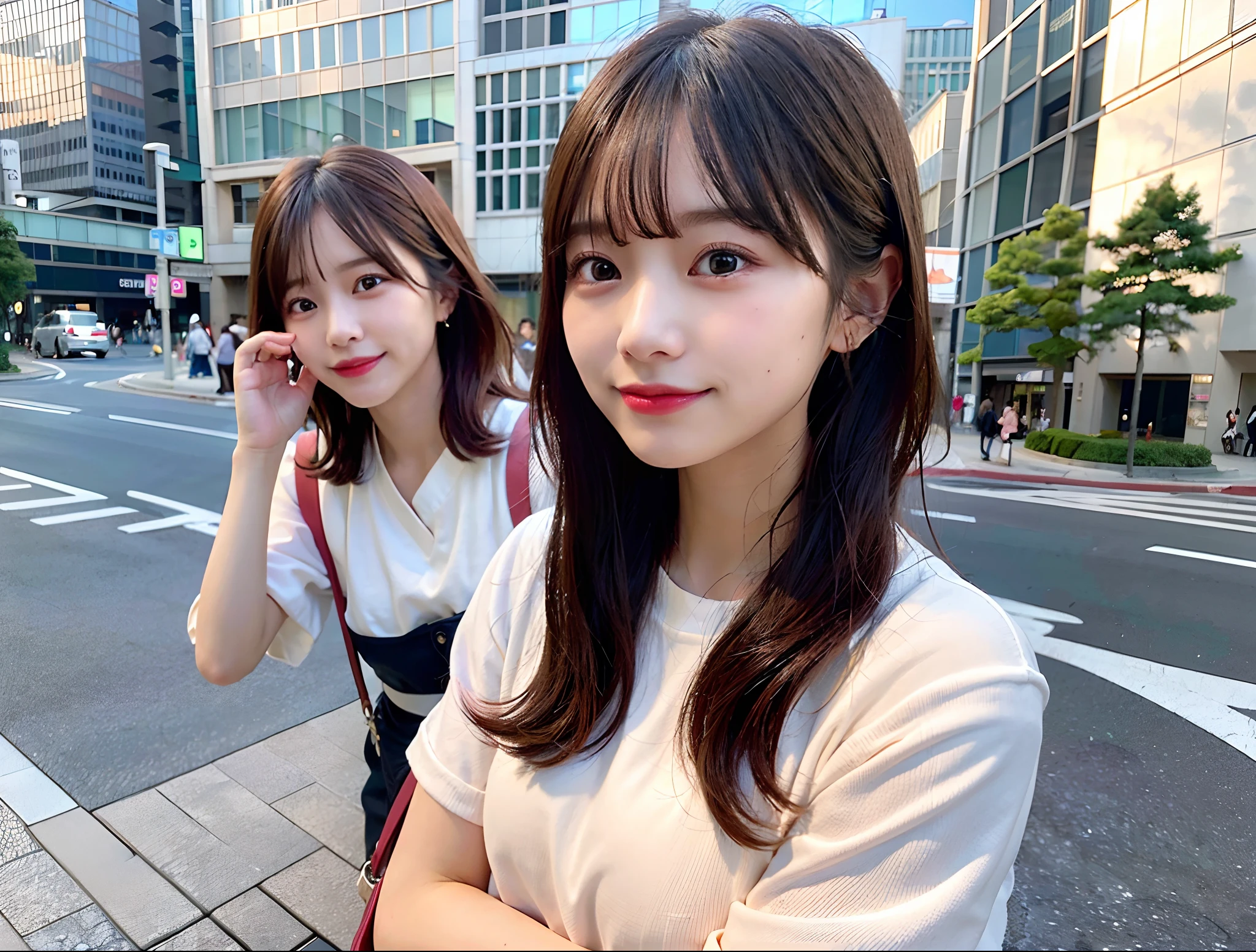 (8k、RAW Photography、top-quality、​masterpiece:1.2)、(realisitic、photoRealstic:1.37)、1 adult female、Tokyo Street、A city scape、during daytime、The upper part of the body、Double eyes、Kamimei、The nasal muscles are passing through、bobhair、Loose wavy hair、huge tit、Ruffled shirt、jeans、light skinned、Pink lips、a smile、Luxury