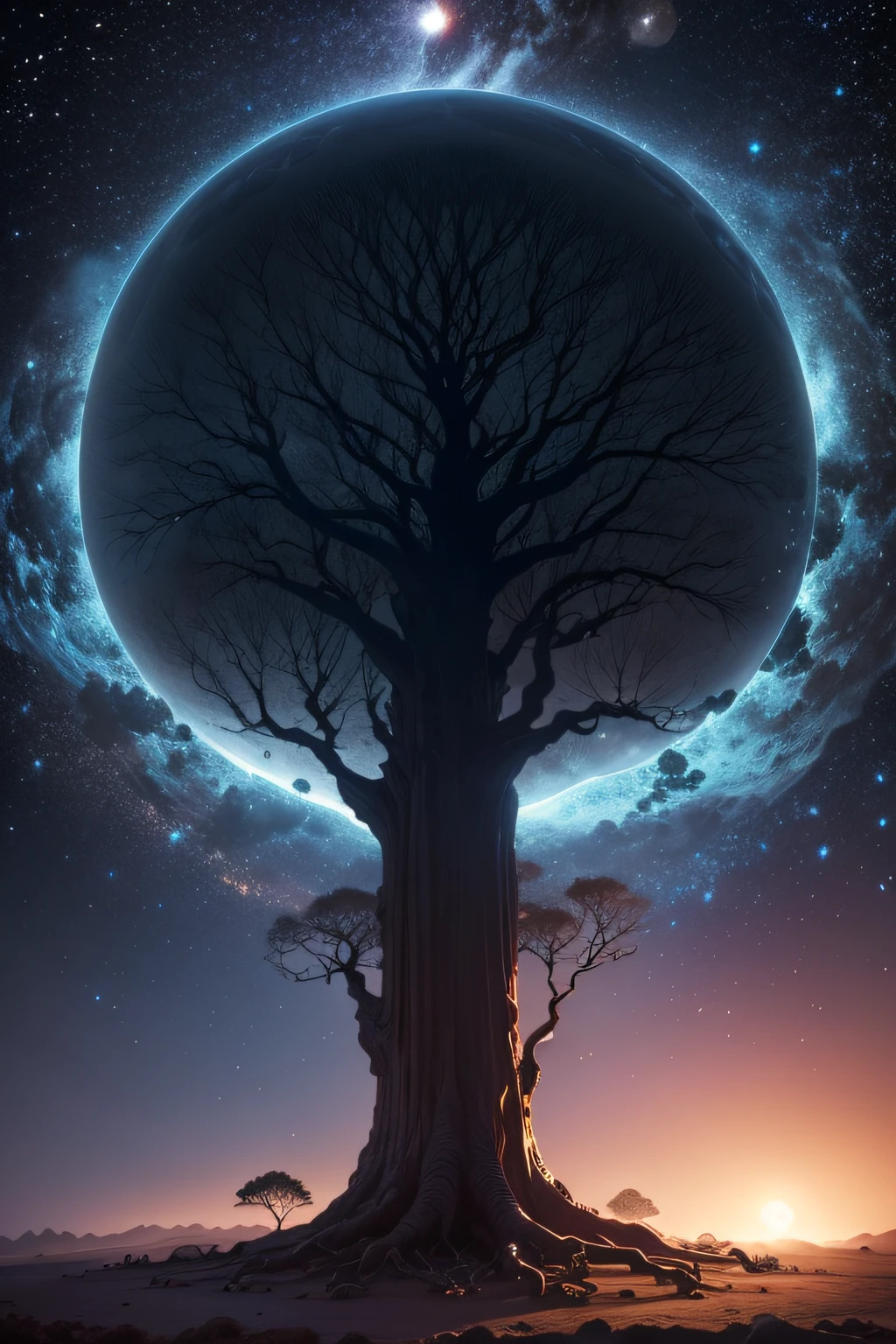 A very old magnificent tree hanging on a planet, through transparency we can see the roots of the tree which forms a heart under the earth. In the distance, a galaxy at the end of its life and a moon that is defragmenting