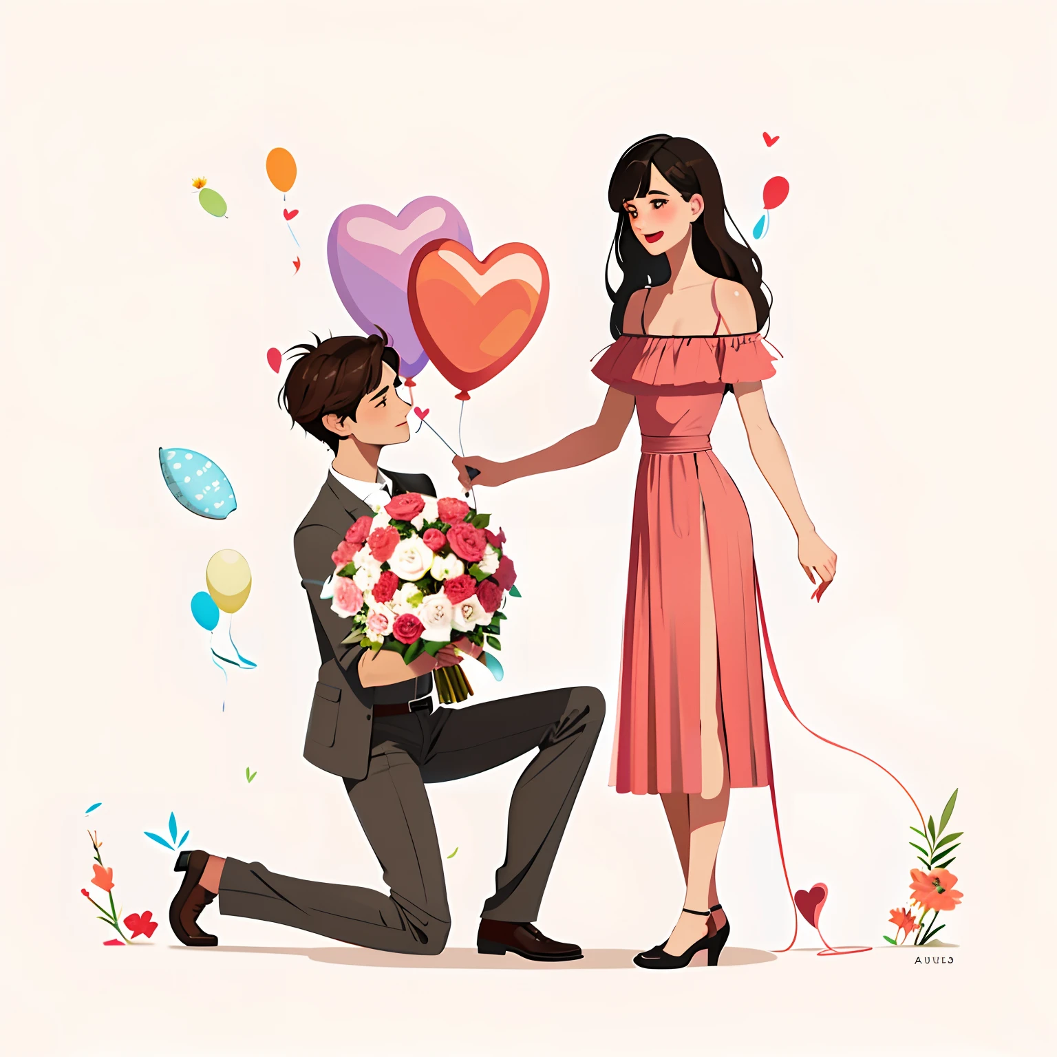 There was a man kneeling with a bunch of balloons, A man proposes to his girlfriend, romantic couple, man and woman in love, cute couple, They are in love, Romantic, concept art of love, A beautiful artwork illustration, true love, holding balloons, Cartoon style illustration, Romantic!!!, Holding flowers, high quality illustration, Happy couple, rendering