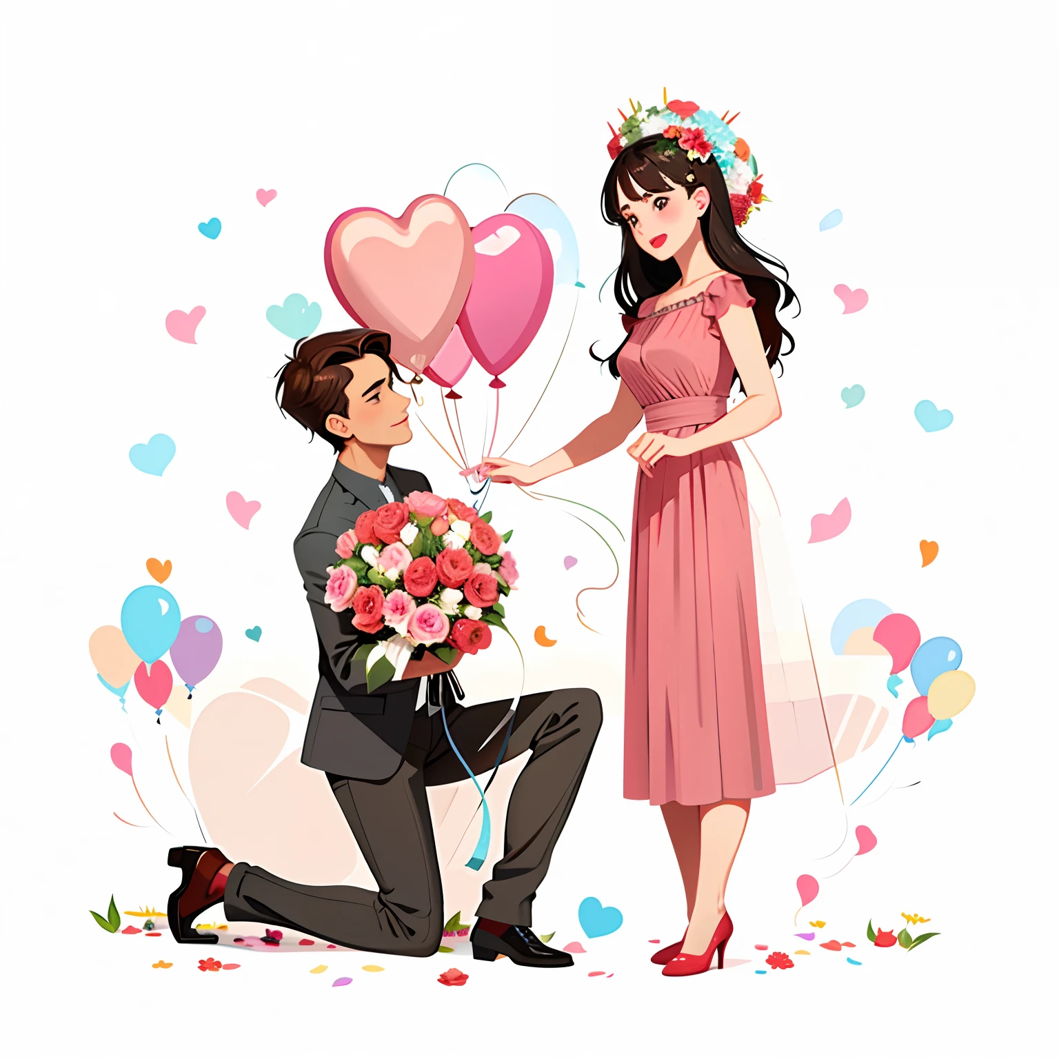 There was a man kneeling with a bunch of balloons, A man proposes to his girlfriend, romantic couple, man and woman in love, cute couple, They are in love, Romantic, concept art of love, A beautiful artwork illustration, true love, holding balloons, Cartoon style illustration, Romantic!!!, Holding flowers, high quality illustration, Happy couple, rendering