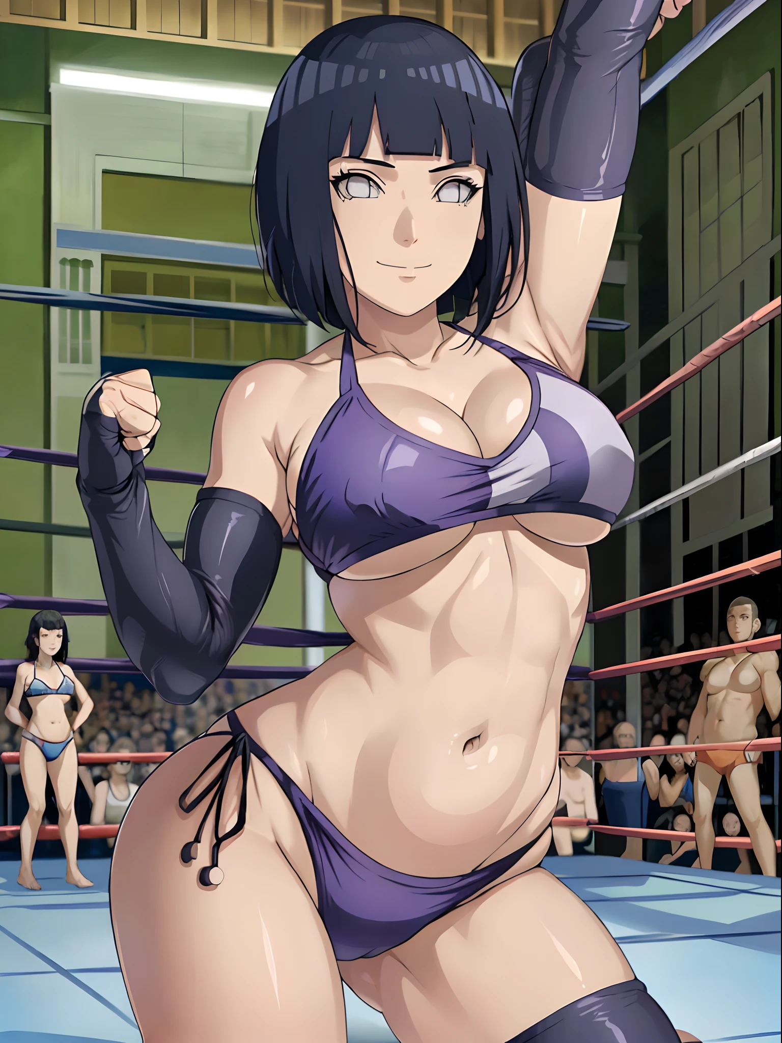 (hinata\(boruto\), (female wrestler), slender body, mature woman, milf, (bikini, wrestling gear) victorious, gorgeous, winner, kind face, smile, closed mouth, pale skin, (dark blue hair color:1.1), wavy hair, ((short hair, hime cut), big breasts, only one arm stretching, long belly, closed fists