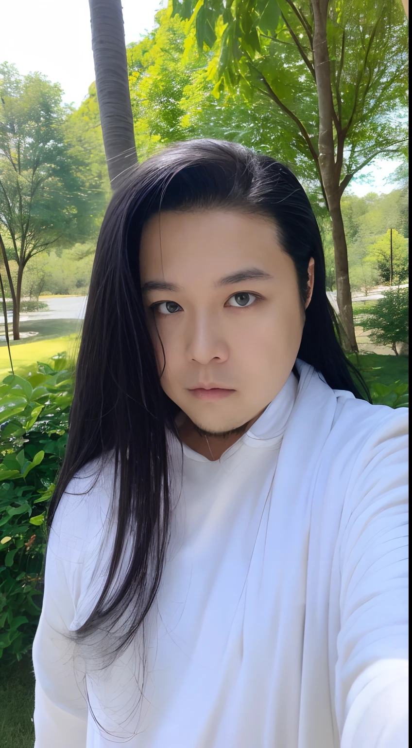 of a guy,long whitr hair,Black hair,Handsome,Deep eyes,full bodyesbian,Wear Hanfu,Black Hanfu,Black Buhan followed,Ancient wind,Contour light,The background is blurred out