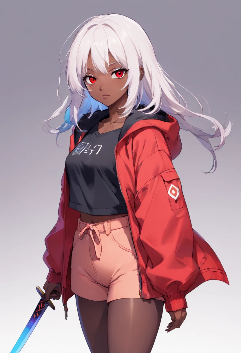 (Master parts, best qualityer), concept-art, Full body image of a dark-skinned woman,dressed in (Big red jacket:1.2) and a black shirt, fightingpose, intricately details, color difference, (black skin:1.2), 1girll, with long coiled hair, pale brown hair, Messy hair, robot leg, Biomechanicals, hair on one eye, honey eyes, Sharp eyes, Neon shirt, Open jacket, big sword, Cybernetic katana, Dark Blade, JRPG style, Tech fantasy, Final Fantasy, pastels colors, (simple backgound, white backgrounid:1.3) From the front side,Positive perspective,looking toward the viewer,face to the viewer,Full body photo:1.4,perfect hand,perfect body figure,with perfect legs,perfect foot,Black pantyhose,transparent pubic hair,leg wide open,squatt,No shoes,cleavage,Bigchest,Type M,knee hugging,Hold your legs,focus on the feet,bends his knees,Knees,low chest,cropped shoulders,squatting pose