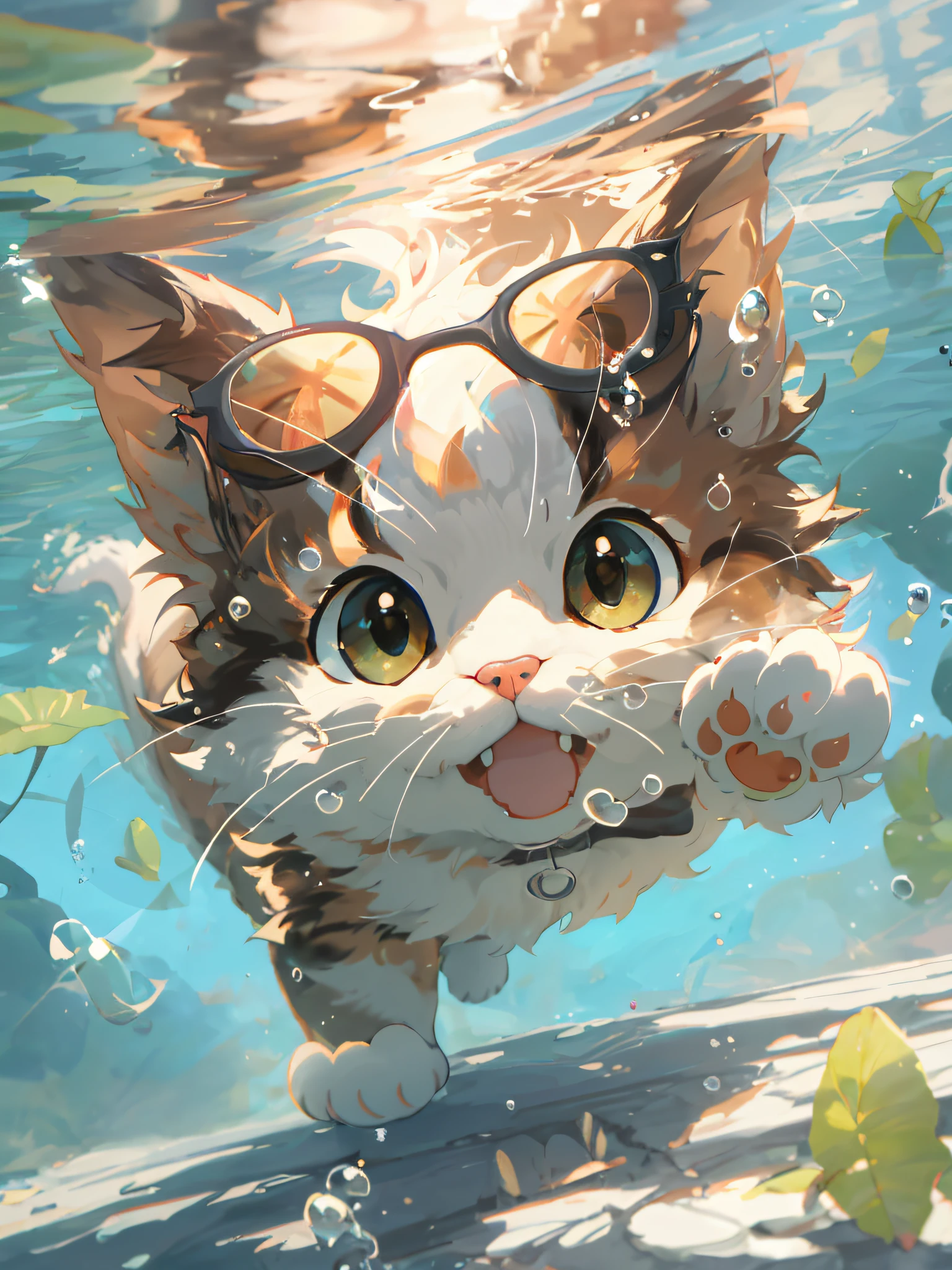 There is a cat floating in the water with its paws, Cute detailed digital art, lovely digital painting, anime visual of a cute cat, a cat swimming in water, liquid cat, realistic anime cat, adorable digital art, cute detailed artwork, anime cat, author:Shitao, by Yang J, trending on artstation pixiv, Ross Tran 8 K