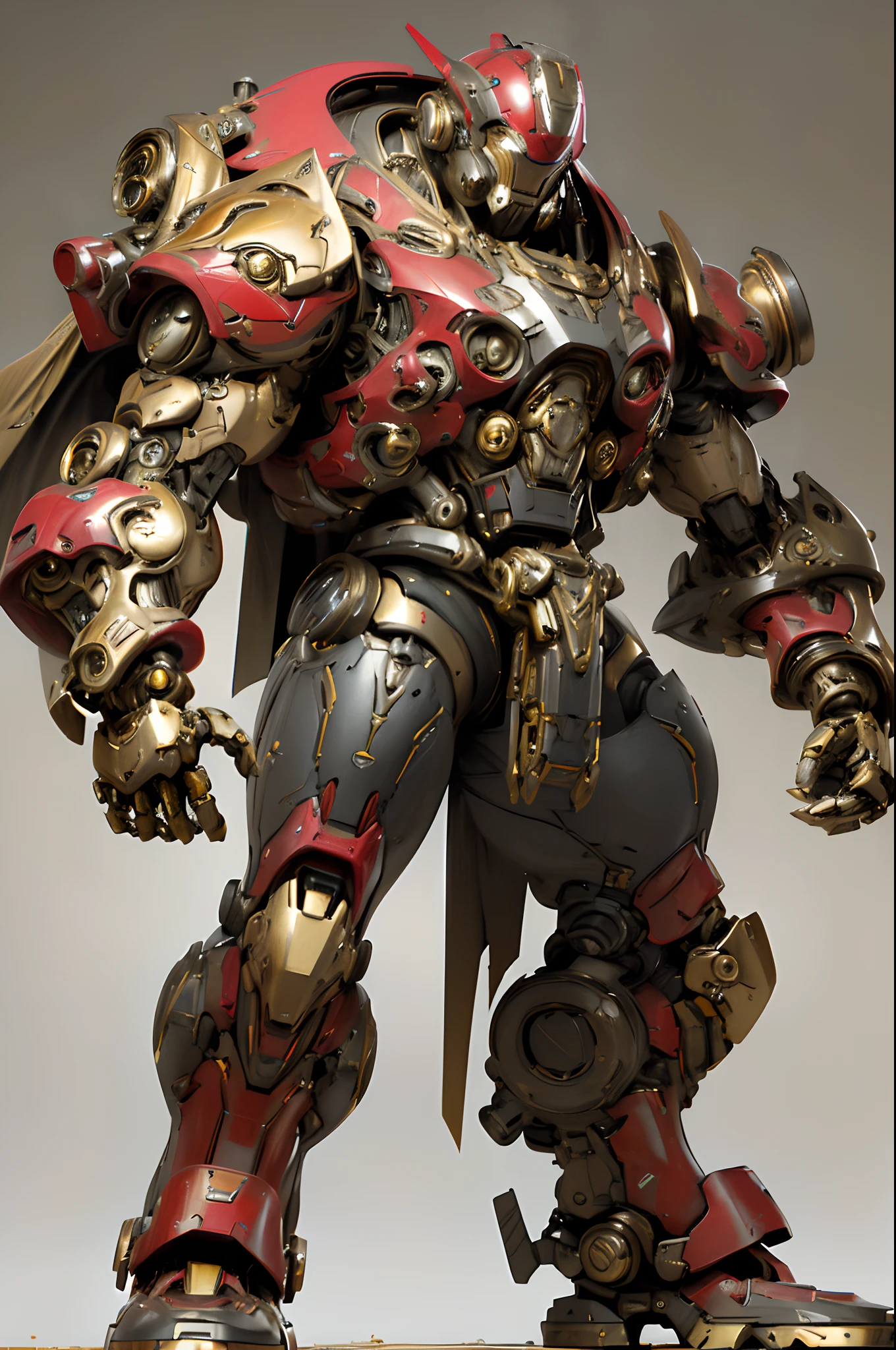 Masterpiece, centered image, front facing, full body portrait photography of ironman wearing futuristic steampunk robotic suit, bulky, muscular, ((steam engine, steam-mechanical, heavy retro-machine, steam pipes, red and gold color)) red and gold color, hyper realistic, hyper detailed mechanical, clean sharp image, 16K, HD, High Quality