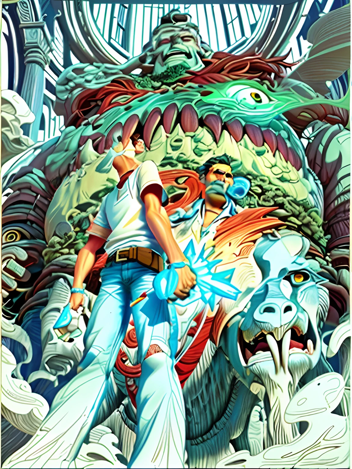 Painting of a man in a white shirt and jeans standing in front of a huge statue, inspired by katsuya terada, inspired by Arthur Adams, epic pencil illustration, james jean marc simonetti, Inspired by Jeff Darrow, insanely detailed linework, posuka demizu, Michael Kaluta and Jia Nguyen, Michael Caluta, detailed penciling