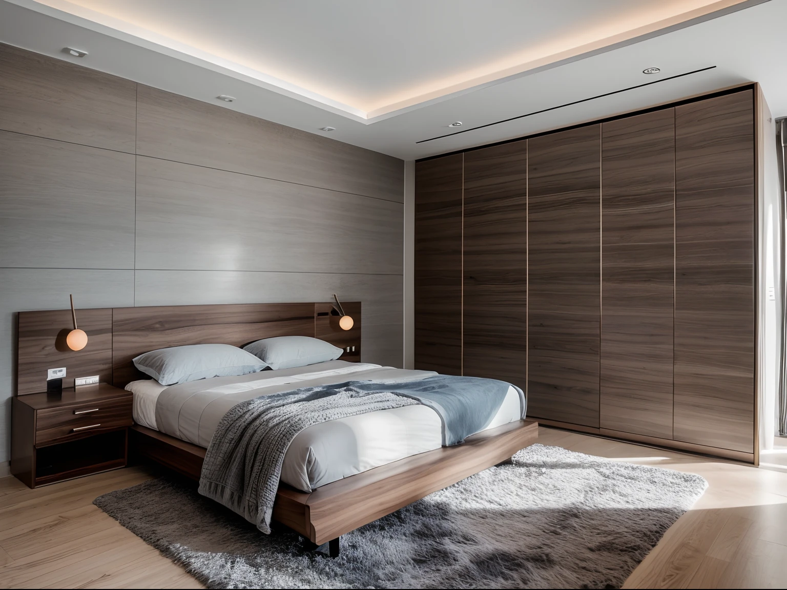 RAW photo of a modern and luxurious bedroom in a minimalist style, naturally displayed, made of walnut wood with a combination of gray, blue and granite, with simple lines and shapes , geometric, neat design, (with bed and sofa, wardrobe and dressing table)1, 3; combined with cinematic lighting, artistic trends, studio photos, intricate details, luxury and spaciousness, beautiful, 8k uhd, dslr, soft light, high quality, film grain, Fujifilm XT3