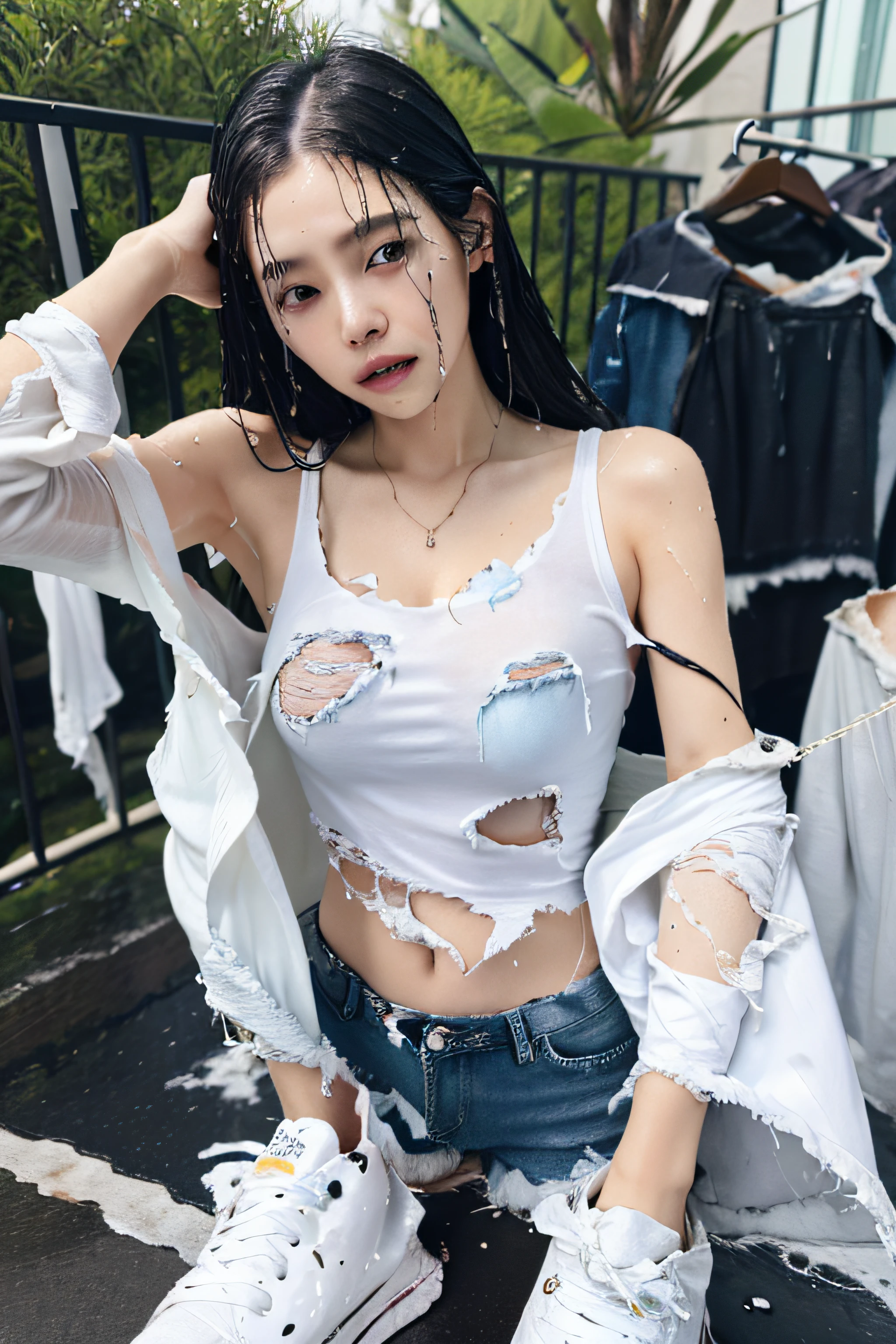 best image quality, masterpiece, super high resolution, (fidelity:1.4), photo, 1 girl, white shirt, torn jeans, white sneakers, dim, darkness, despair, pity, poor, movie, tears, teardrops, (torn clothes:1.5), (wet clothes:1.4), bare shoulders, real rain, wet hair,..微笑