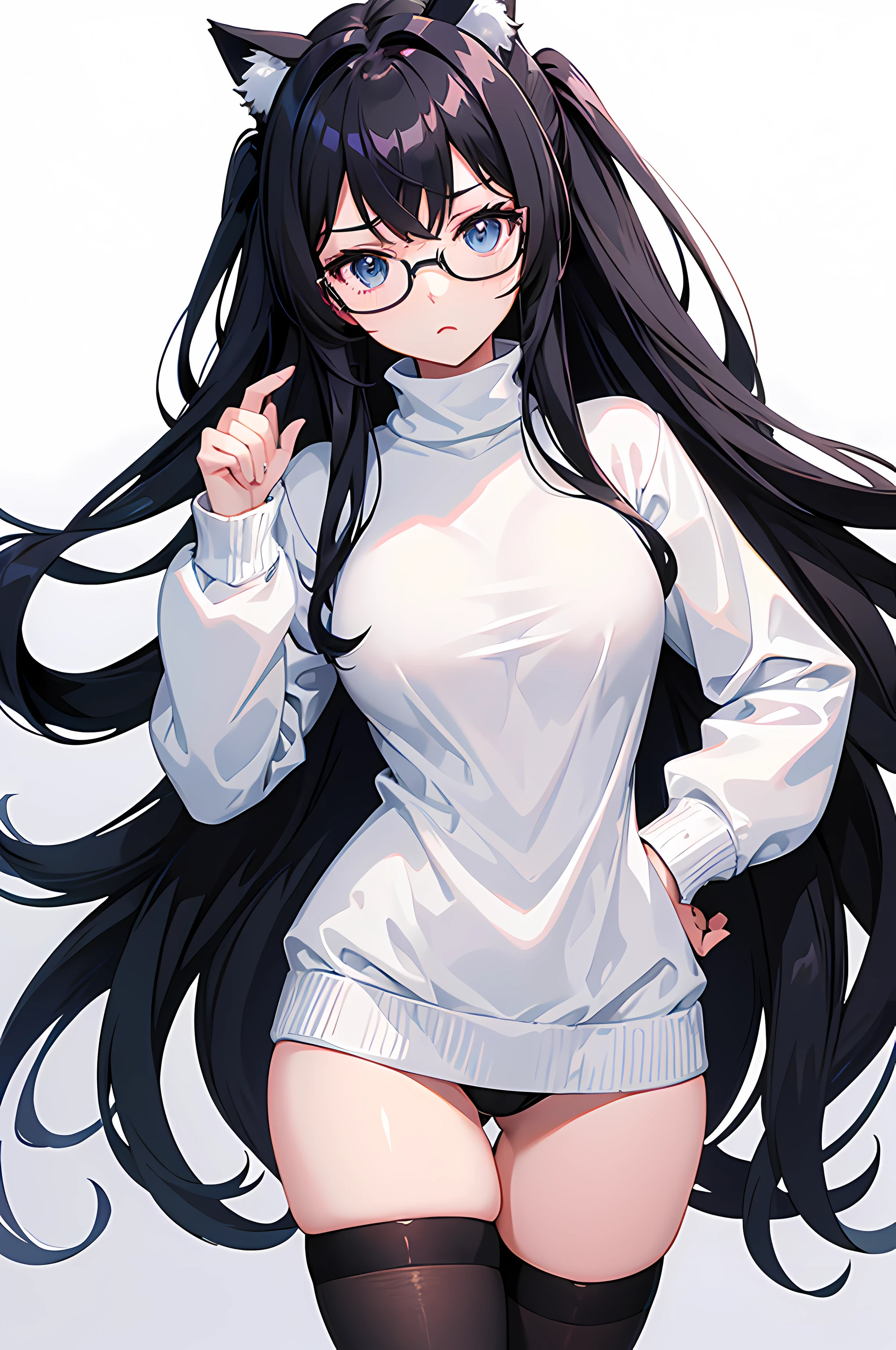 anime - style image of a woman in a FULL WHITE turtleneck sweater outfit, blue perfect eyes, black cat ears, black hair, black messy hair, long black flowing hair, anime girl wearing a FULL WHITE turtleneck sweater, anime moe artstyle, seductive anime girl, is embarrassed, bashful face, frowning, with glasses, anime visual of a cute girl, with FULL WHITE thigh highs, no shorts, , showing black panties panties, only WHITE thigh highs socks, holding down sweater, spectacled, with BLACK glasses on, cute anime waifu in a nice WHITE sweater, attractive anime girl, white background, hiding hands behind back pose, (perfect hands, perfect anatomy), full body view