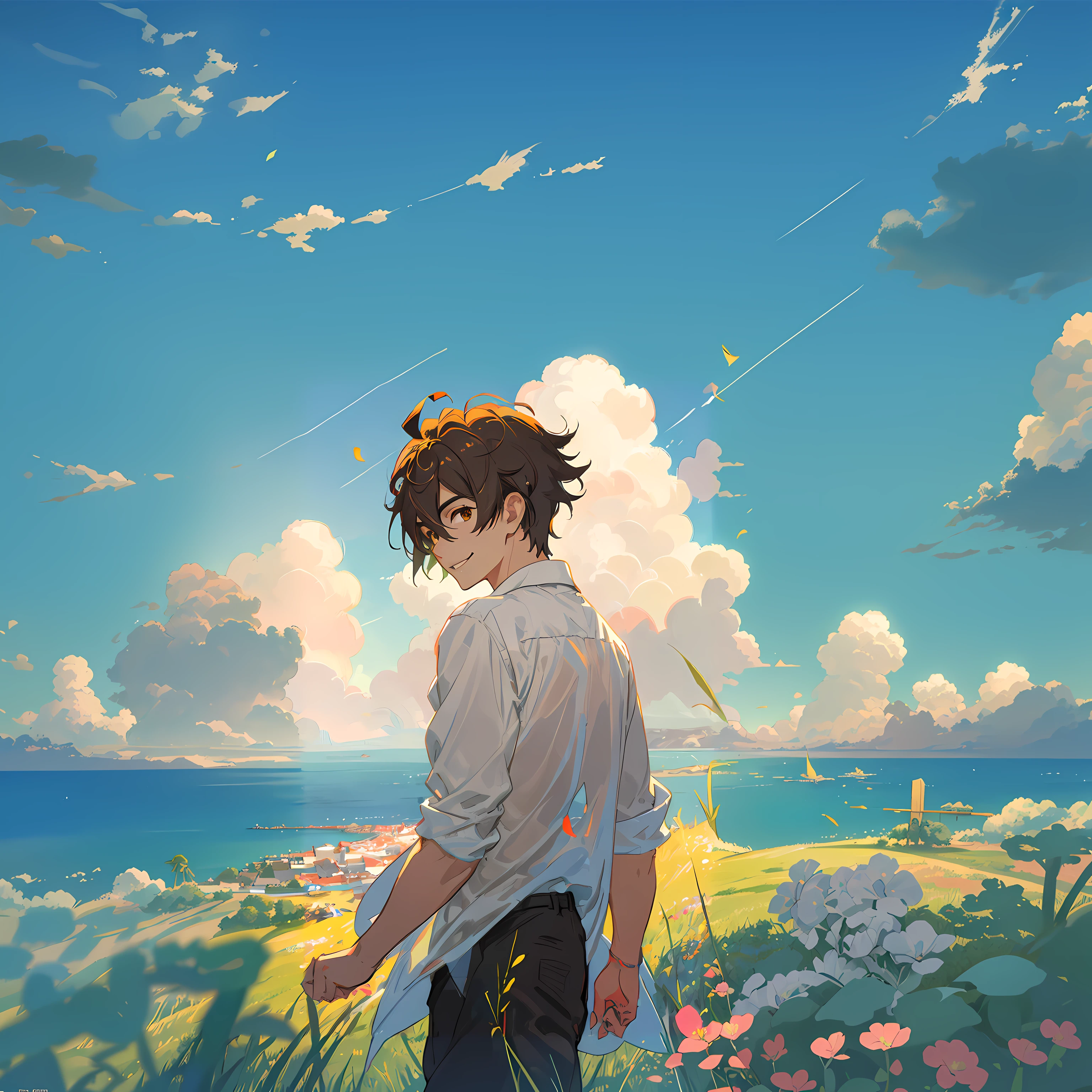 view of the sea in the background, vivid sky, cozy anime, clouds, digital painting, concept art, dynamic lighting, green grass with flowers, extremely detailed CG unity 8k wallpaper