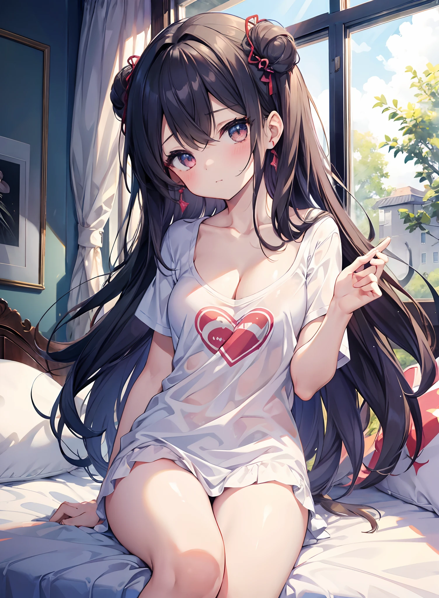 top-quality、masterpiece、1girl,to close range、red blush、Kamimei、Staring at this、Cute anime illustration、loose t-shirt, cleavage, small breasts, in the room, window, cute pose, beautiful pose, cuteness, beautiful breasts, showing cleavage, best quality, one_eye_close, cool, thighs, short body, young girl