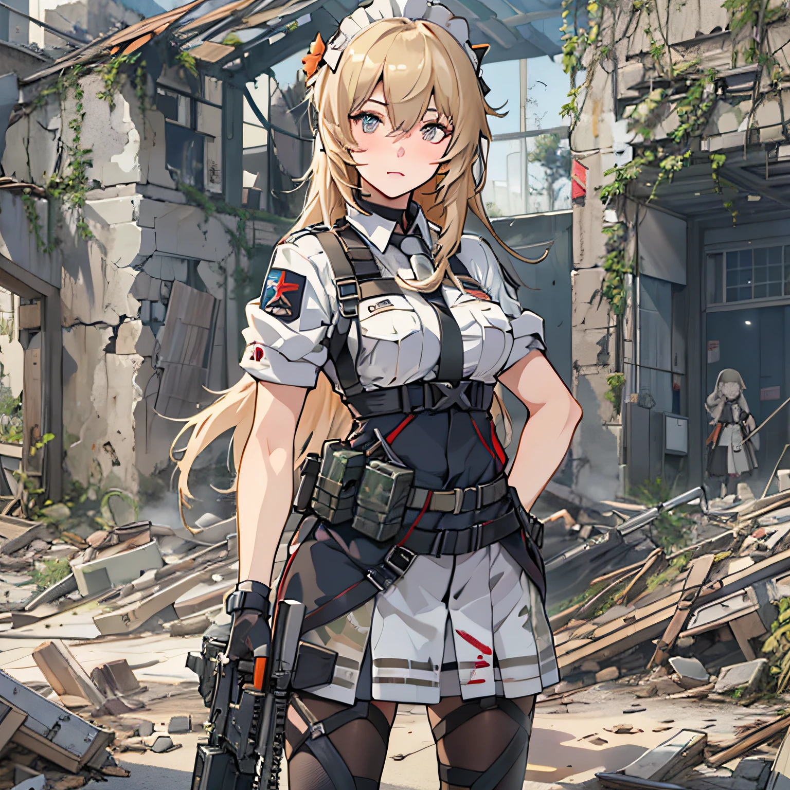 Anime girl standing in ruins, girls frontline style, from girls frontline, Fine details. girls' frontline, girls' frontline, Girls Frontline CG, infantry girls, Women's Final Tour, soldier girl, m4 sopmod ii girls frontline, anime maid ss military, girls frontline universe, mechanized soldier girl, main、Lieutenant Colonel、