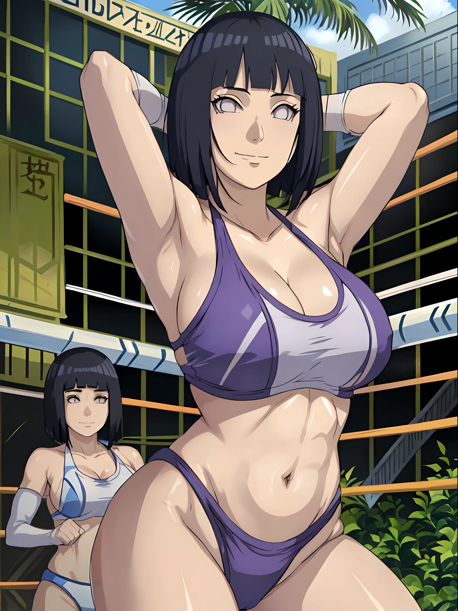 (hinata\(boruto\), (female wrestler), (slender body), mature woman, milf, (bikini, wrestling gear) victorious, gorgeous, winner, kind face, smile, closed mouth, pale skin, (dark blue hair color:1.1), wavy hair, ((short hair, hime cut), big breasts, only one arm stretching, long belly, closed fists