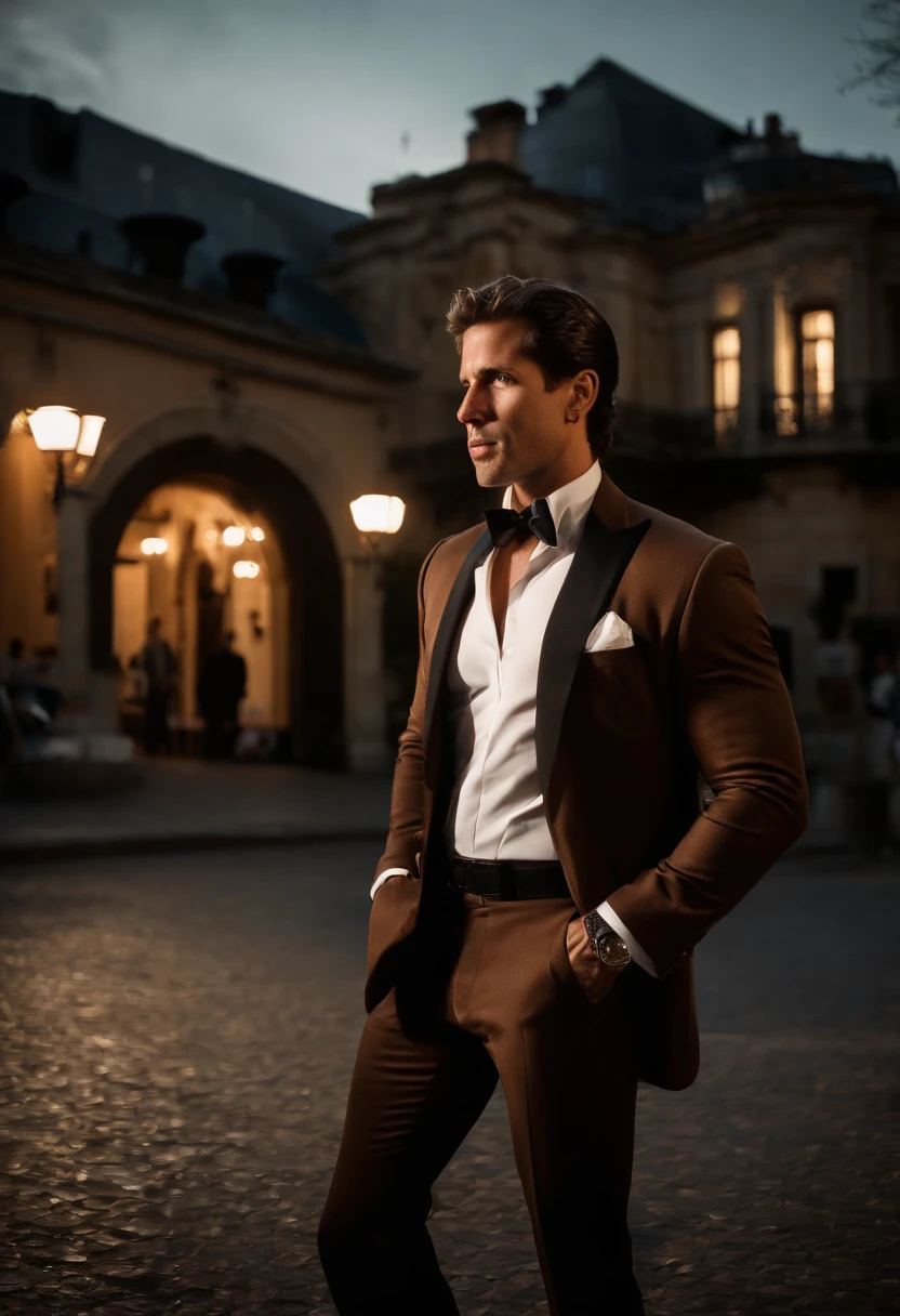 cuerpo completo, Wide-angle photographic close-up portrait of the body of a handsome man , Alto y en forma, (40 year old:1.1), (Afeitado:1.2) , (very short brown hair:1.5),(pelo muy corto:1.6). Tight dark brown velvet suit, (La chaqueta tiene patrones de flores negras:1.2). (posing outside the mansion with a luxury car:1.1), crowded street with cafes in the distance, cold dark sunset at dusk, (luz de borda:1.1),(Enfoque en los ojos), (mirada enojada), (luz dura en la piel:1.2), (Sombras duras, tema escuro, contraste profundo:1.1), (portrait photography by Annie Liebovitz), Dark mint theme and choral aesthetics, (imperfecciones de la piel)