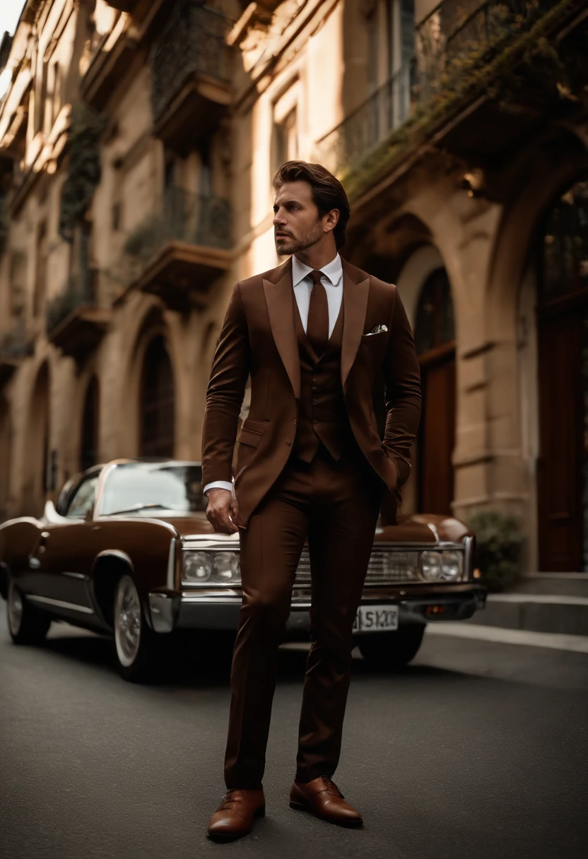 cuerpo completo, Wide-angle photographic close-up portrait of the body of a handsome man , Alto y en forma, (40 year old:1.1), (Afeitado:1.2) , (very short brown hair:1.5),(pelo muy corto:1.6). Tight dark brown velvet suit, (La chaqueta tiene patrones de flores negras:1.2). (posing outside the mansion with a luxury car:1.1), crowded street with cafes in the distance, cold dark sunset at dusk, (luz de borda:1.1),(Enfoque en los ojos), (mirada enojada), (luz dura en la piel:1.2), (Sombras duras, tema escuro, contraste profundo:1.1), (portrait photography by Annie Liebovitz), Dark mint theme and choral aesthetics, (imperfecciones de la piel)