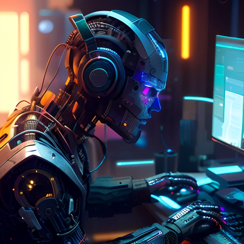A close-up of a robot with headphones typing on a computer, Robot Cyberpunk,Neon ambiance, Cyberpunk transhumaniste, A un style cyberpunk, Intelligence artificielle forte, Cyborg in the data center, Style artistique cyberpunk, Cyborgs travaillant, advanced digital cyberpunk art, evil artificial intelligence, Cyberpunk theme, Mécanoïde Cyberpunk, Machine Cyberpunk, Pirate cyberpunk, Technologie Cyberpunk, cyber style
