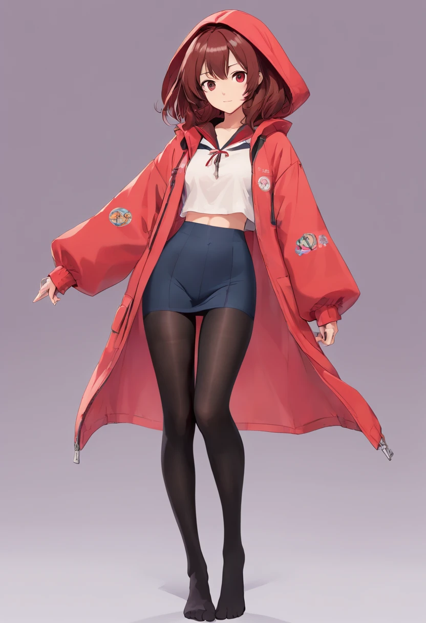 (Master parts, best qualityer), concept-art, Full body image of a Japanese woman,dressed in (Big red jacket:1.2) and a black shirt, fightingpose, intricately details, color difference, (Black pantyhose:1.4), 1girll, with long coiled hair, pale brown hair, Messy hair, droid, Biomechanicals, hair on one eye, honey eyes, Sharp eyes, Neon shirt, Open jacket, big sword, Cybernetic katana, Dark Blade, Japanese role-playing game style, Tech fantasy, Final Fantasy, pastels colors, (simple backgound, white backgrounid:1.3) From the front side,Positive perspective,looking toward the viewer,face to the viewer,Full body photo:1.4,perfect hand,perfect body figure,with perfect legs,perfect foot,Black pantyhose,transparent pubic hair,leg wide open,squatt,No shoes,cleavage,Bigchest,Type M,knee hugging,Hold your legs,focus on the feet,bends his knees,Knees,low chest,cropped shoulders,squatting pose