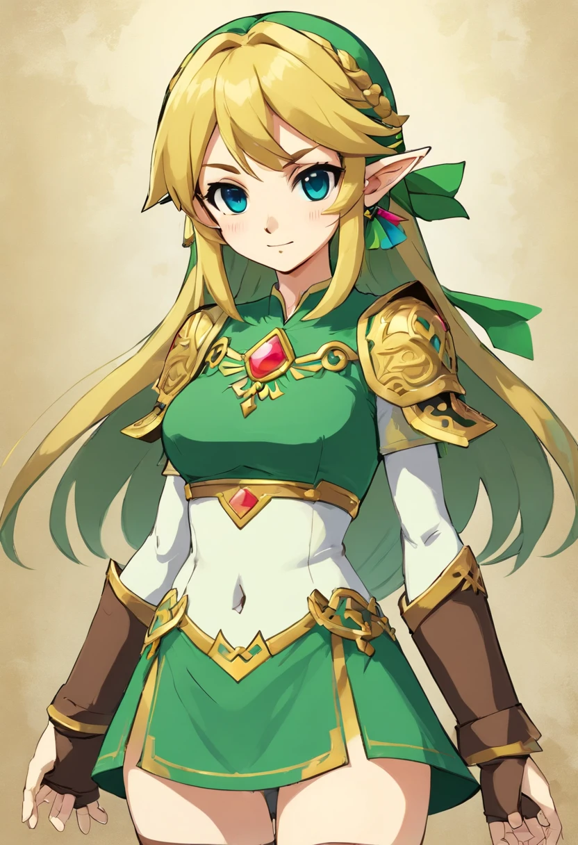 masterpiece,super fine illustration,best quality,8k,solo focus,full body,imposing stance, Sword in right hand, shield in left,{Princess Zelda},{milf},huge breasts,nipples,{{{Larger areola}}},mature female,curvy,plump, blond hair,garter belt,panties,{lingerie armor},silver armor,shin guards,{{greaves}},Patterns, decoration,,{female elves corps},colours,{finely detailed Leaver lace},finely detailed Embroidery,finely detailed decoration,finely detailed patterns,cloak,{{{fluttering cloak}}},Crochet,Silk,Organza,smile,zelda,BotW,TotK,Hylian Shield,Master Sword,attack