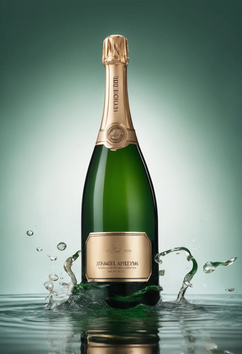 photoshoot, beautiful champagne dark green bottle, place on a shallow pool of water, water splashes, (((create empty space for logo placement))), volumetric lighting, specular reflection, include transparent bubbles swirling in foreground