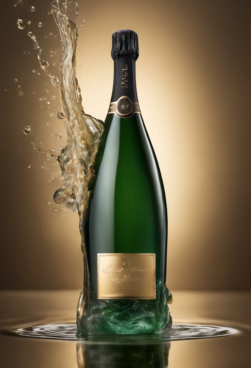photoshoot, beautiful champagne dark green bottle, place on a shallow pool of water, water splashes, (((create empty space for logo placement))), volumetric lighting, specular reflection, include transparent bubbles swirling in foreground