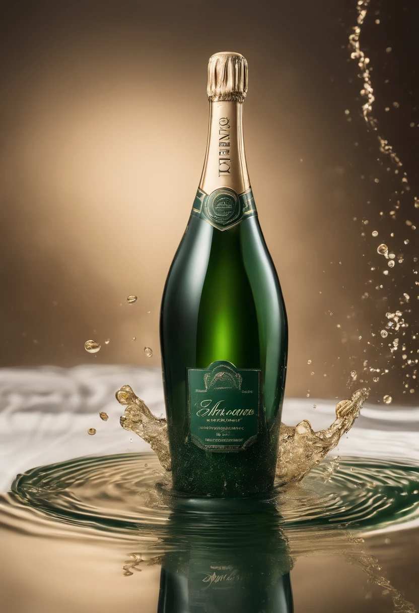 photoshoot, beautiful champagne dark green bottle, place on a shallow pool of water, water splashes, (((create empty space for logo placement))), volumetric lighting, specular reflection, include transparent bubbles swirling in foreground