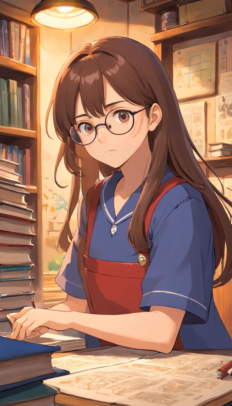 A girl who is serious, smart, genius, creative, more into reading than games, perfect person,brown long hair,with eye glasses,studying in a messy room and wearing decent uniform.