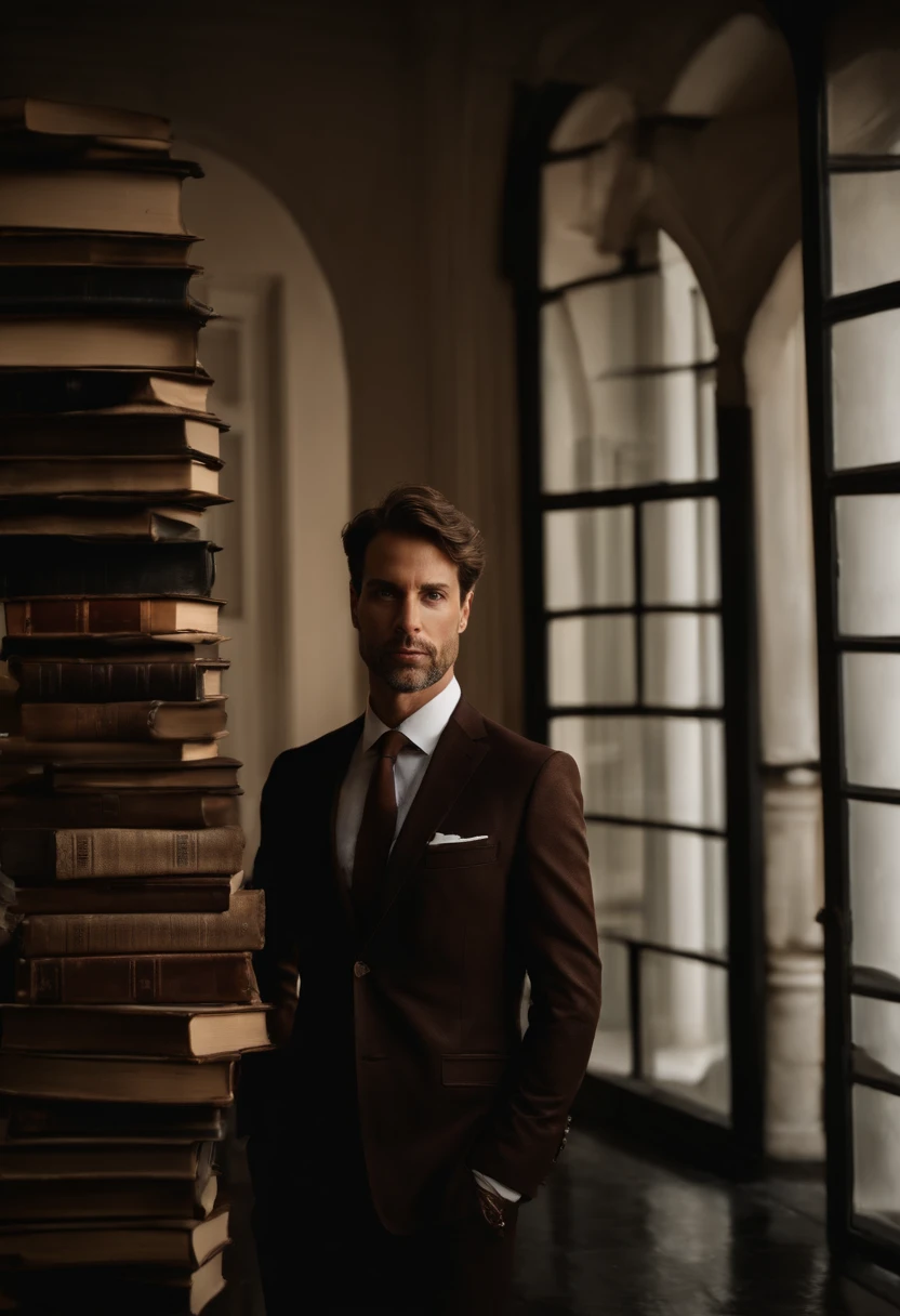 cuerpo completo, Wide-angle photo portrait in close-up of the body of a handsome man , Alto y en forma, (40 year old:1.1), (afeitado:1.2) , (very short brown hair:1.5),(pelo muy corto:1.6). Traje ajustado de terciopelo negro, . (posing inside the mansion roaded with books:1.1), cold dark sunset at dusk, (luz de borda:1.1),(enfoque en los ojos), (mirada enojada), (luz dura en la piel:1.2), (Sombras duras, tema escuro, contraste profundo:1.1), (portrait photography by Annie Liebovitz), Dark mint theme and choral aesthetics, (imperfecciones de la piel)