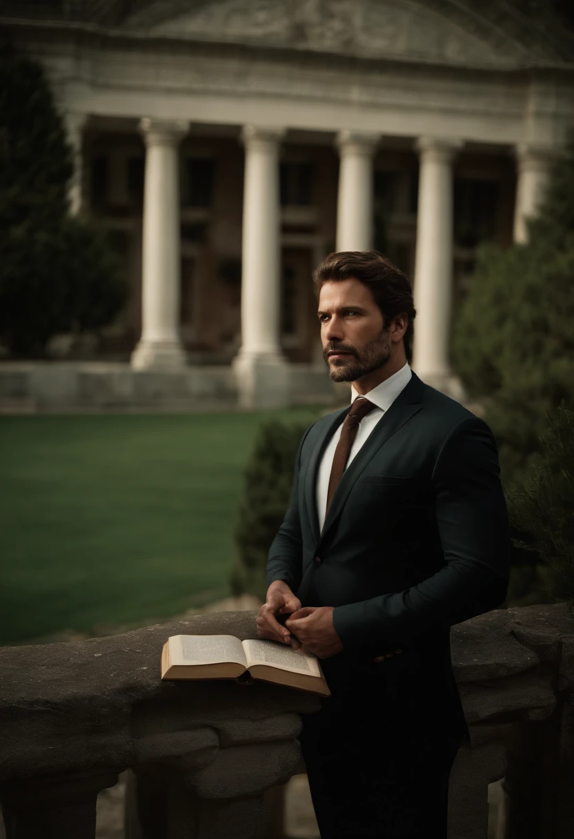 cuerpo completo, Wide-angle photo portrait in close-up of the body of a handsome man , Alto y en forma, (40 year old:1.1), (afeitado:1.2) , (very short brown hair:1.5),(pelo muy corto:1.6). Traje ajustado de terciopelo negro, . (posing inside the mansion roaded with books:1.1), cold dark sunset at dusk, (luz de borda:1.1),(enfoque en los ojos), (mirada enojada), (luz dura en la piel:1.2), (Sombras duras, tema escuro, contraste profundo:1.1), (portrait photography by Annie Liebovitz), Dark mint theme and choral aesthetics, (imperfecciones de la piel)