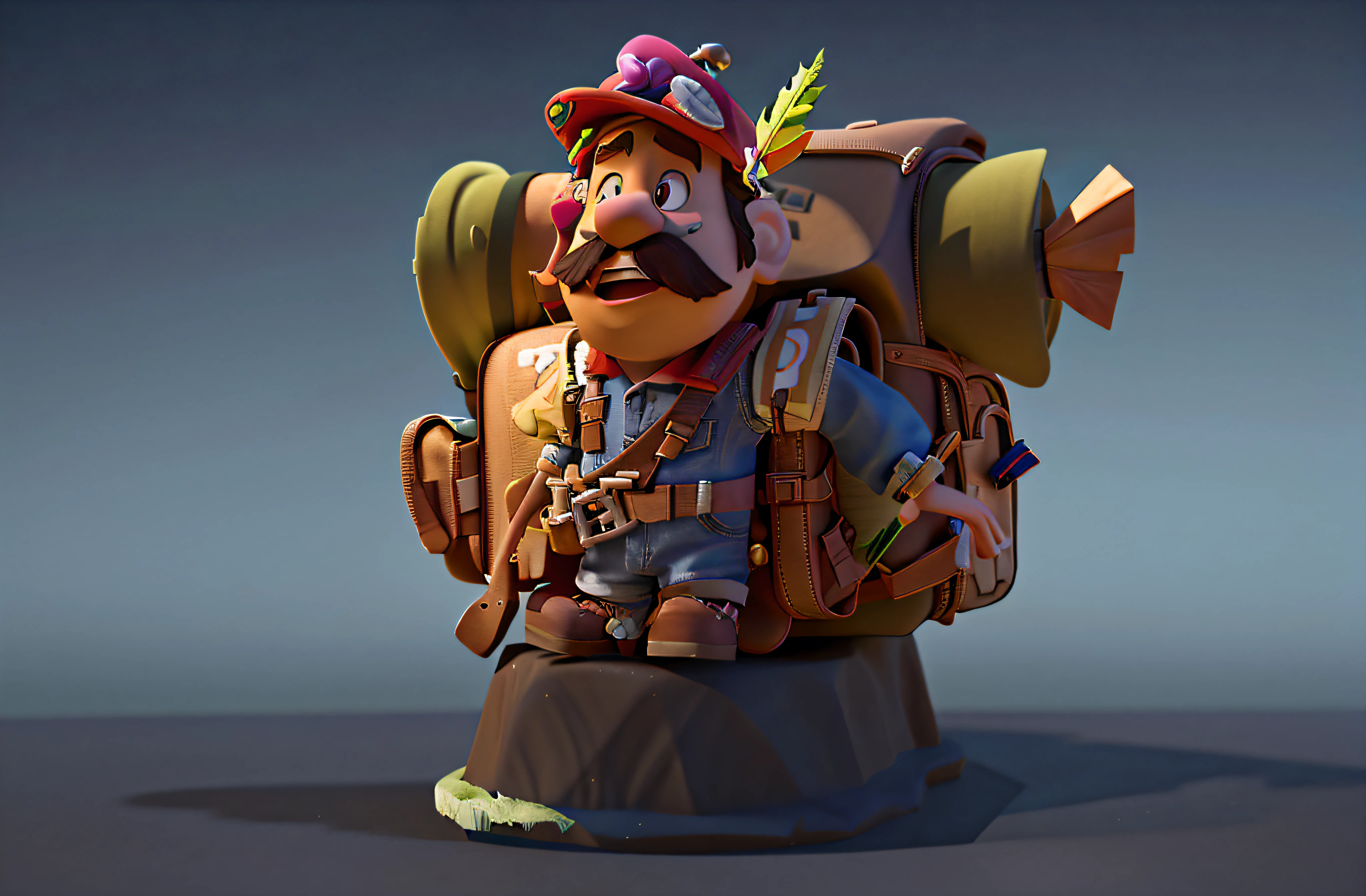 There is a poster,It features a cartoon character wearing a hat and backpack,Male explorer mini cute middle aged man,Walk in the wilderness,Jungle overgrown with flowers,Animation-style rendering,cute 3 d render,Small characters。Unreal Engine5,Stylized anime,Cute and detailed digital art,atey ghailan 8 k,Stylized 3D rendering,adventure hyper realistic render,Anime style 3D,Stylized 3D rendering