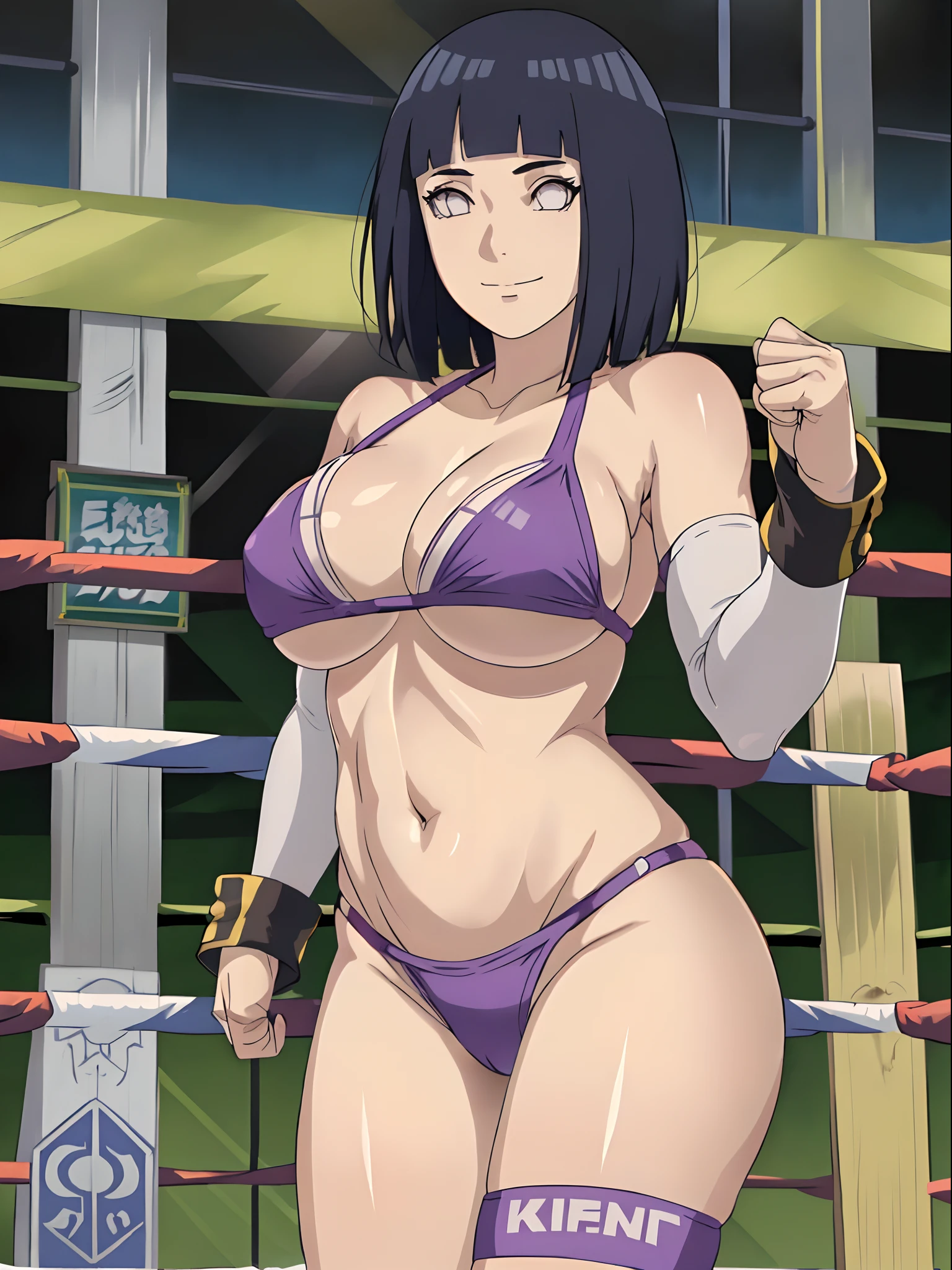 (hinata\(boruto\), (female wrestler), (slender body), mature woman, milf, (bikini, wrestling gear) victorious, gorgeous, winner, kind face, smile, closed mouth, pale skin, (dark blue hair color:1.1), wavy hair, ((short hair, hime cut), big breasts, (only one arm stretching), long belly, closed fists