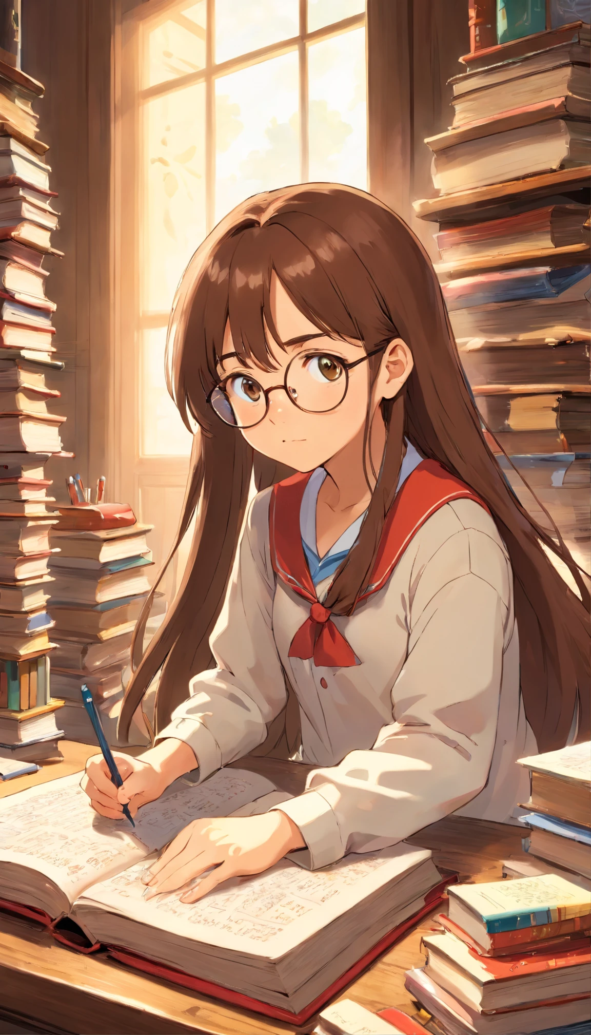 A girl who is serious, smart, genius, creative, more into reading than games, perfect person,brown long hair,with eye glasses,studying in a messy room and wearing decent uniform.
